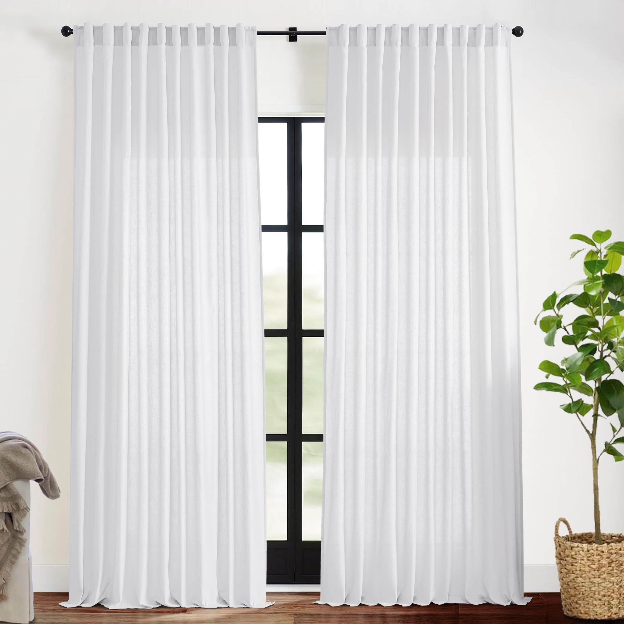 XTMYI 90 Inches Long Sheer Linen Curtains 2 Panels Set,Hook Tape Back Tab Semi Sheer Cotton Blend Fabric Modern Cottage Core Cottagecore Curtain Drapes for Living Room Bedroom,50x90 in Length