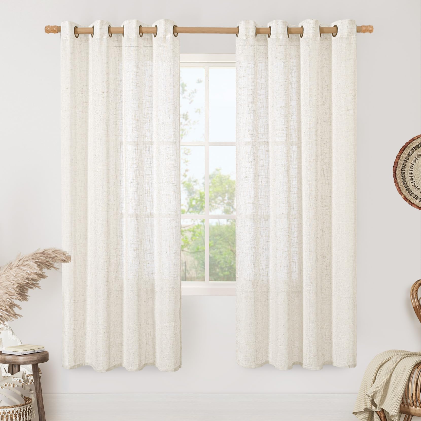 LAMIT Natural Cream Ivory Long Linen Curtains for Living Room, 108 inches Long Bronze Grommet Light Filtering Window Textured Neutral Sheer Drapes for Bedroom Farmhouse, 2 Panels, 52 x 108 Inch