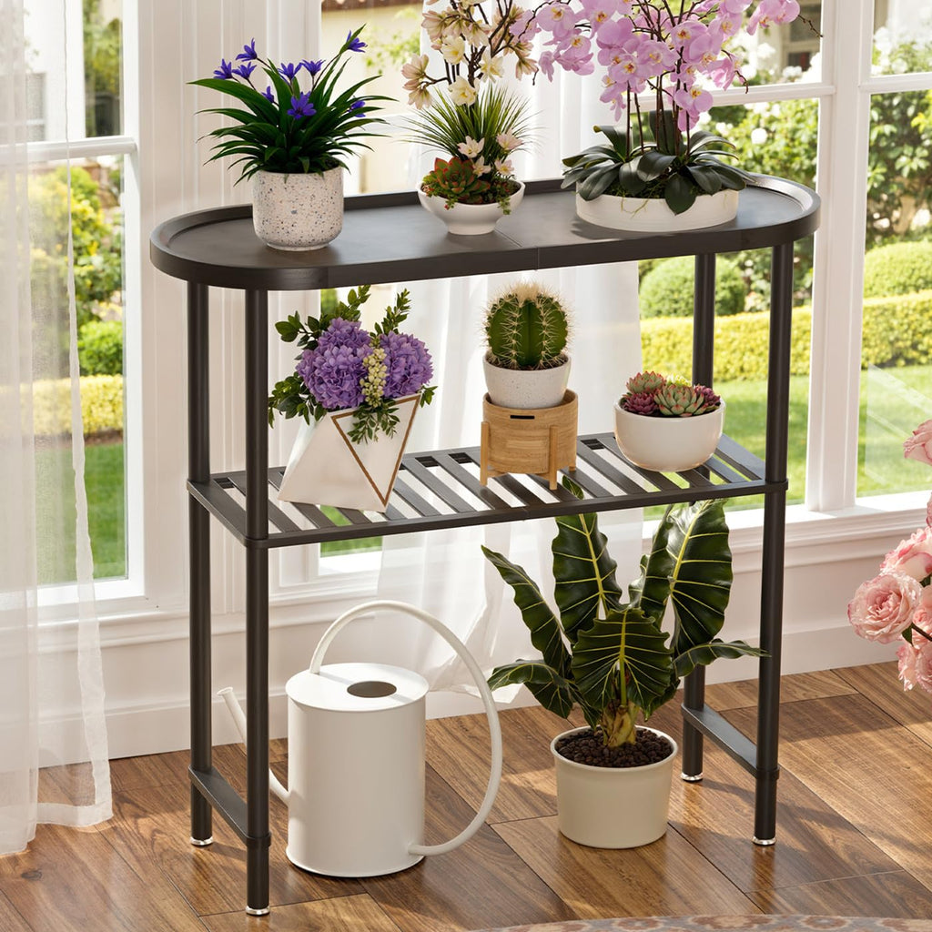 Small Entryway Table Bamboo 30.7", Narrow Hallway Table Oval Top 2-tier, Slim Console Table with Anti-fall Edge, Sofa Side Table 5min Easy Assembly, Small TV Stand for Bedroom, Indoor Plant Stand