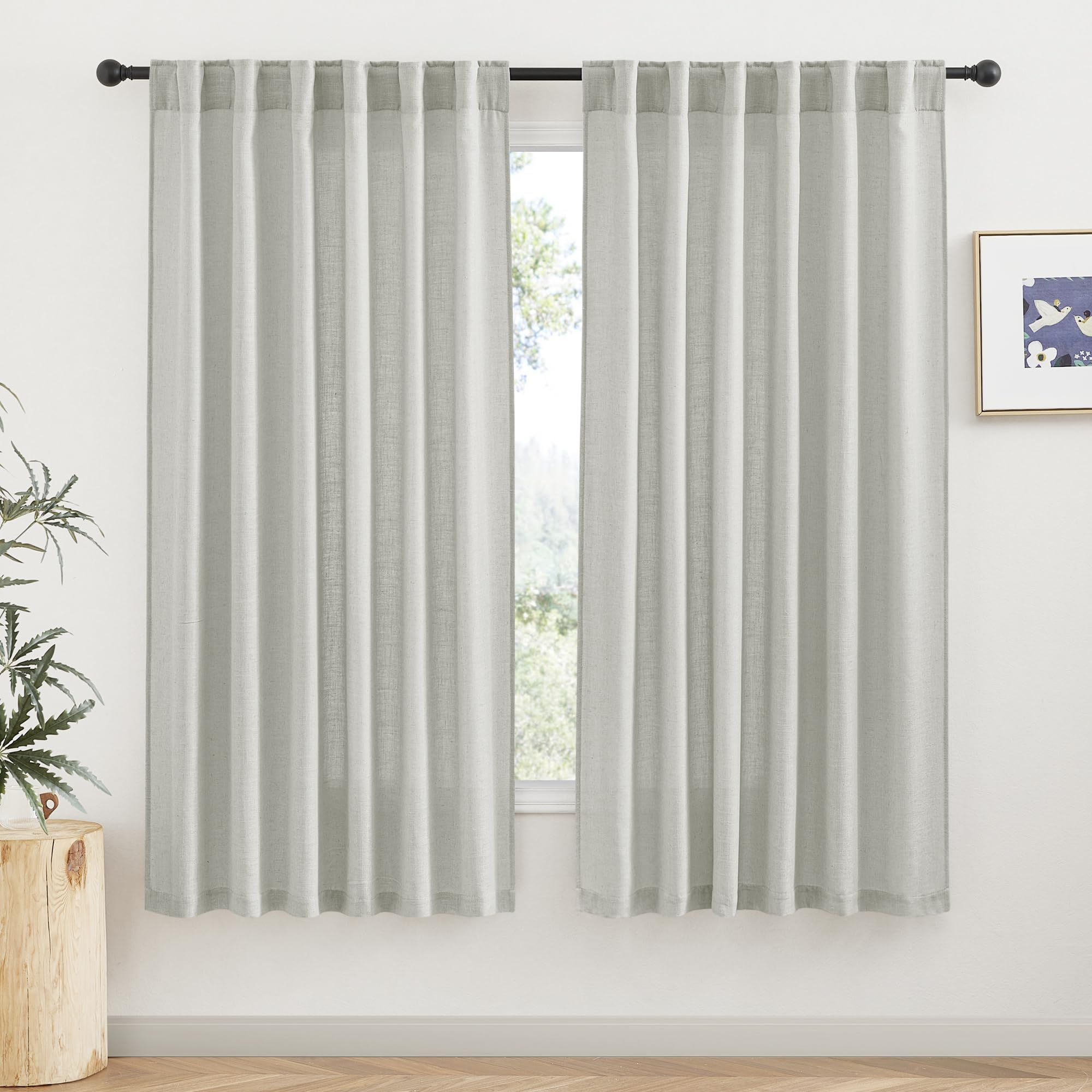 RYB HOME Semi Sheer Curtains 102 inches Long, Back Tab Light Filtration Half Privacy Window Curtains & Drapes for Bedroom Living Room, Linen, W 52 x L 102 inches, 2 Panels Set