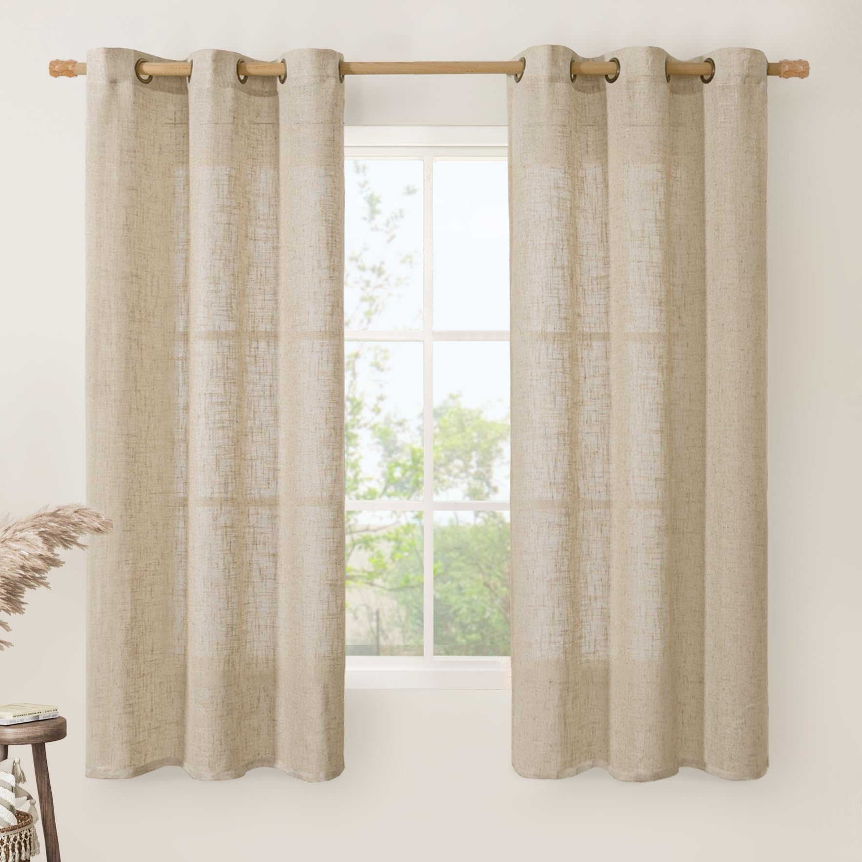 LAMIT Natural Cream Ivory Long Linen Curtains for Living Room, 108 inches Long Bronze Grommet Light Filtering Window Textured Neutral Sheer Drapes for Bedroom Farmhouse, 2 Panels, 52 x 108 Inch