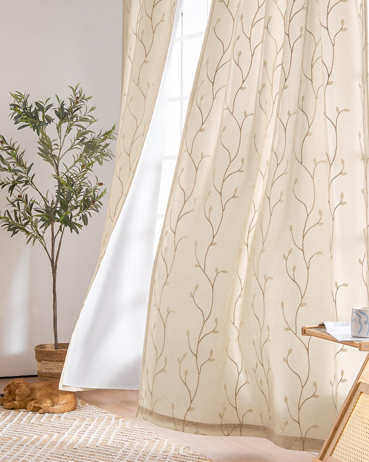jinchan Sheer Curtains for Bedroom 84 Inch Length Leaf Embroidered Semi Sheers for Living Room Botanical Embroidery Voile Transparent Grommet Window Treatments Taupe 2 Panels