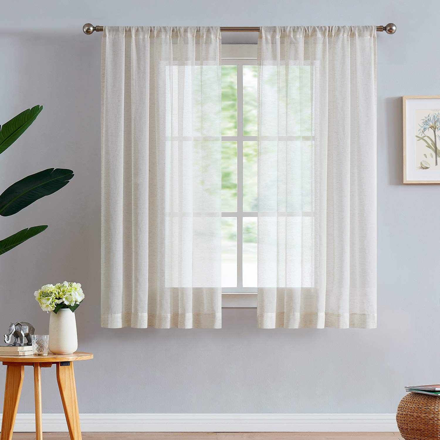 FMFUNCTEX Linen Sheer Curtains for Living Room, Beige Curtains 96 inches Long for Bedroom, Natural Flax Blend Window Draperies for Farmhouse Curtain, Rod Pocket 2 Panels