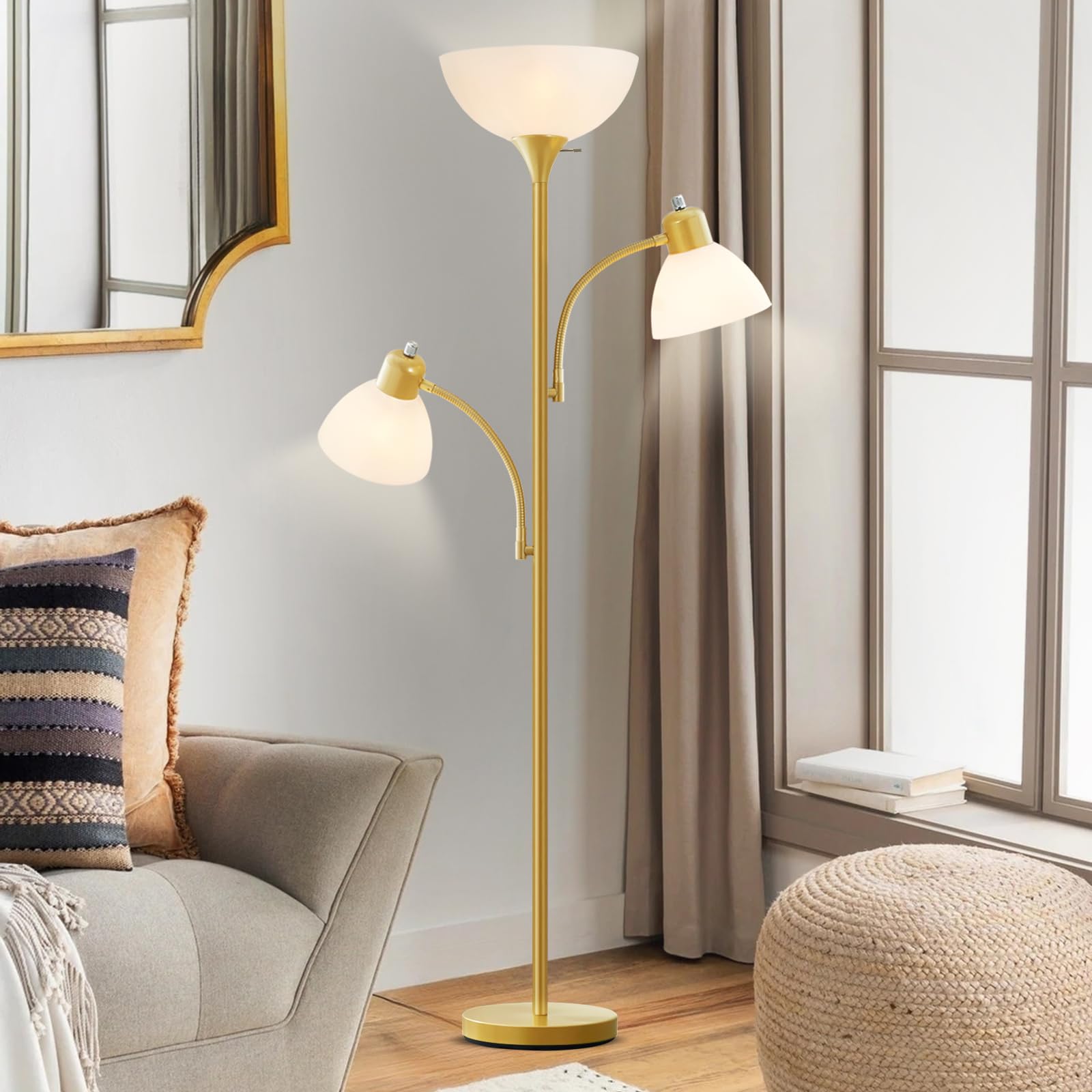 Luvkczc Floor Lamps for Living Room, 72" Tall Torchiere Floor Lamp with 8W Adjustable Reading Lights, Industrial Lamps for Living Room, Bedroom, Office, Black Tree Floor Lamp【3 Bulbs Included】