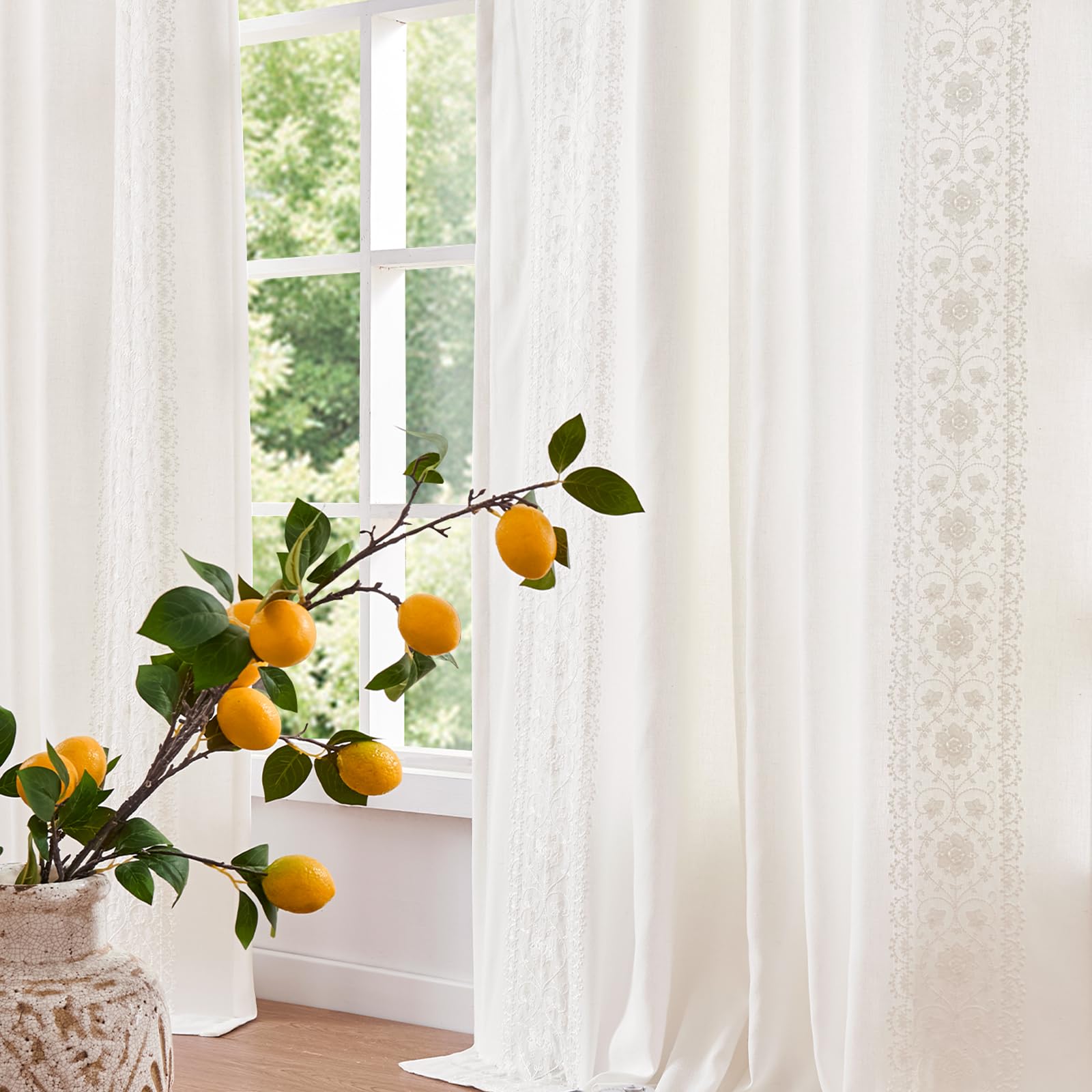 jinchan Weslie Beige Floral Sheer Curtains for Living Room 84 Inch Long Embroidered Voile Farmhouse Linen Curtains for Bedroom Ivory Flower Patterned Cottage Core Window Drapes 2 Panels Ivory on Beige