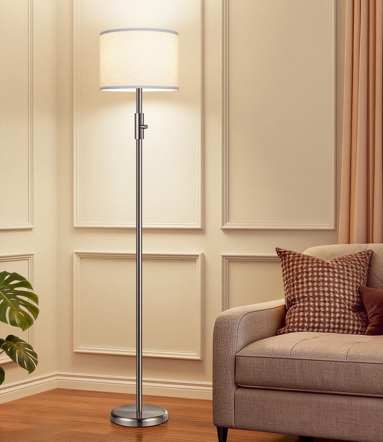 【Upgraded】 Dimmable Floor Lamp for Living Room,1000 Lumens Bulb Included, Modern Floor Lamps Simple Design with Linen Shade, Tall Standing Lamp for Bedroom Office Dining Room, Black Pole Lamp