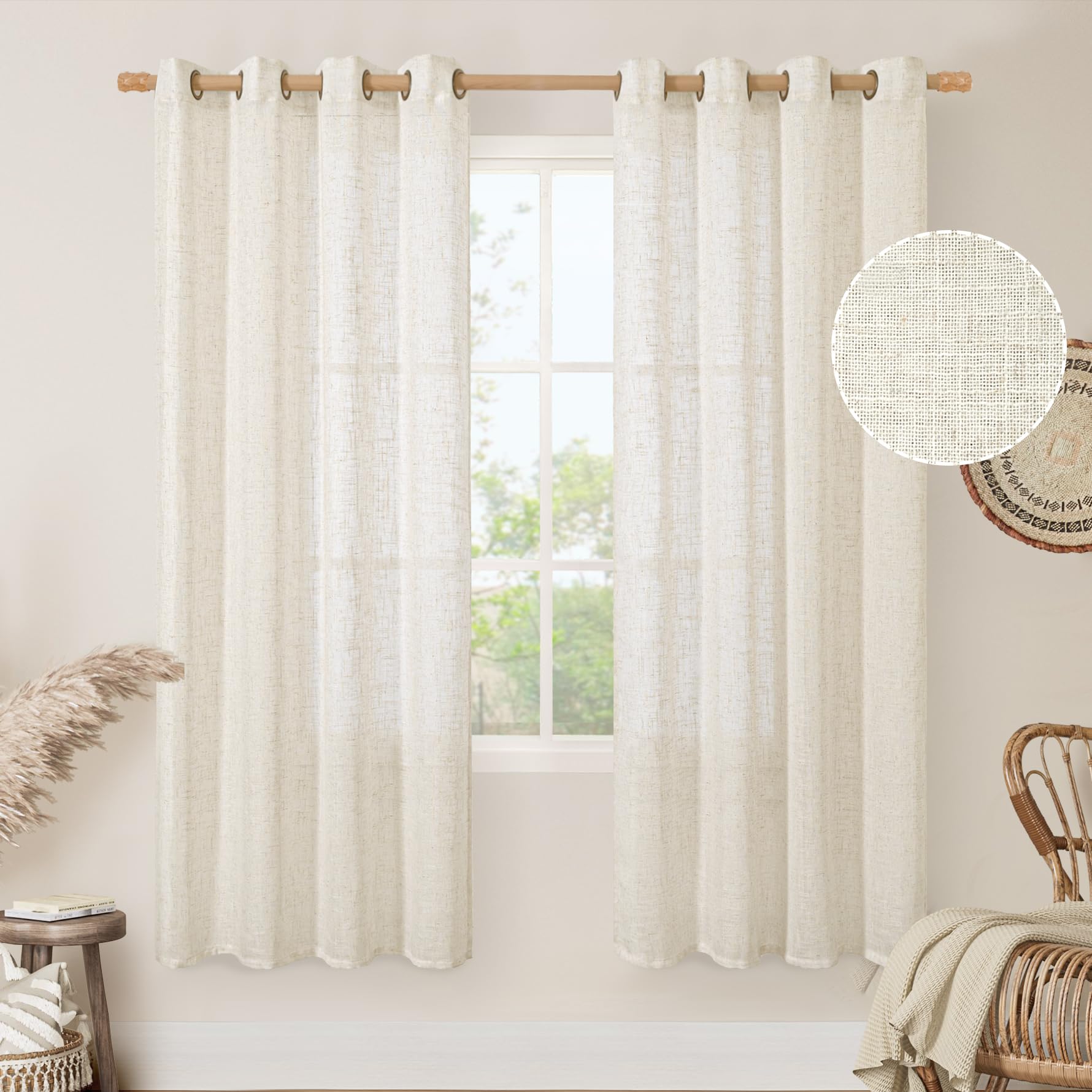 LAMIT Natural Cream Ivory Long Linen Curtains for Living Room, 108 inches Long Bronze Grommet Light Filtering Window Textured Neutral Sheer Drapes for Bedroom Farmhouse, 2 Panels, 52 x 108 Inch