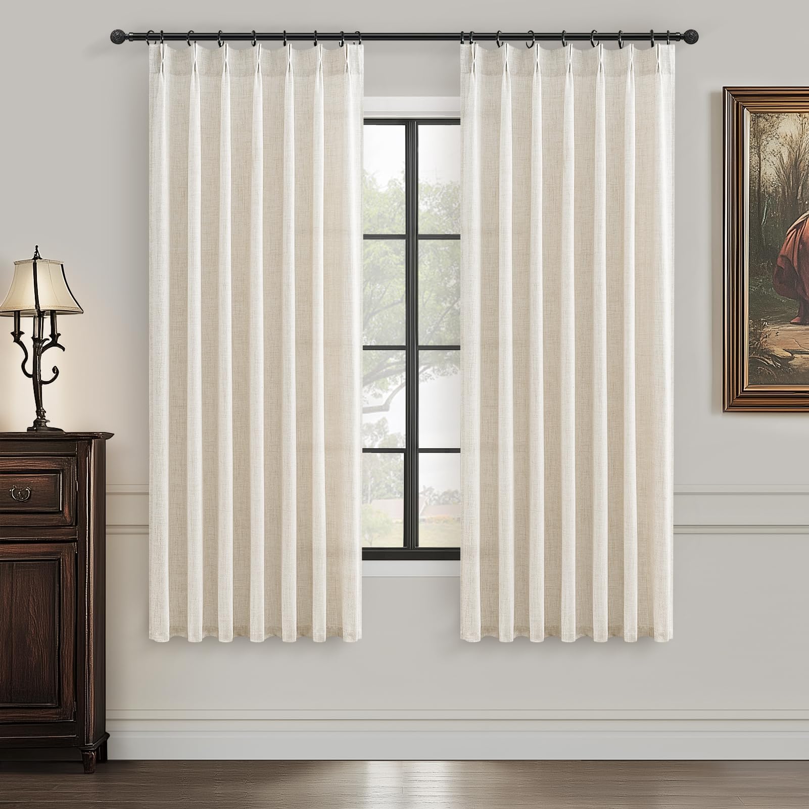 Pinch Pleated Linen Curtains 96 Inches Long for Living Room Bedroom, Light Filtering Boho Window Drape 96 inch 2 Panels Burgs with Hooks&Rings 8ft Cream Birch Sliding Glass Door Sheer Curtain Decor