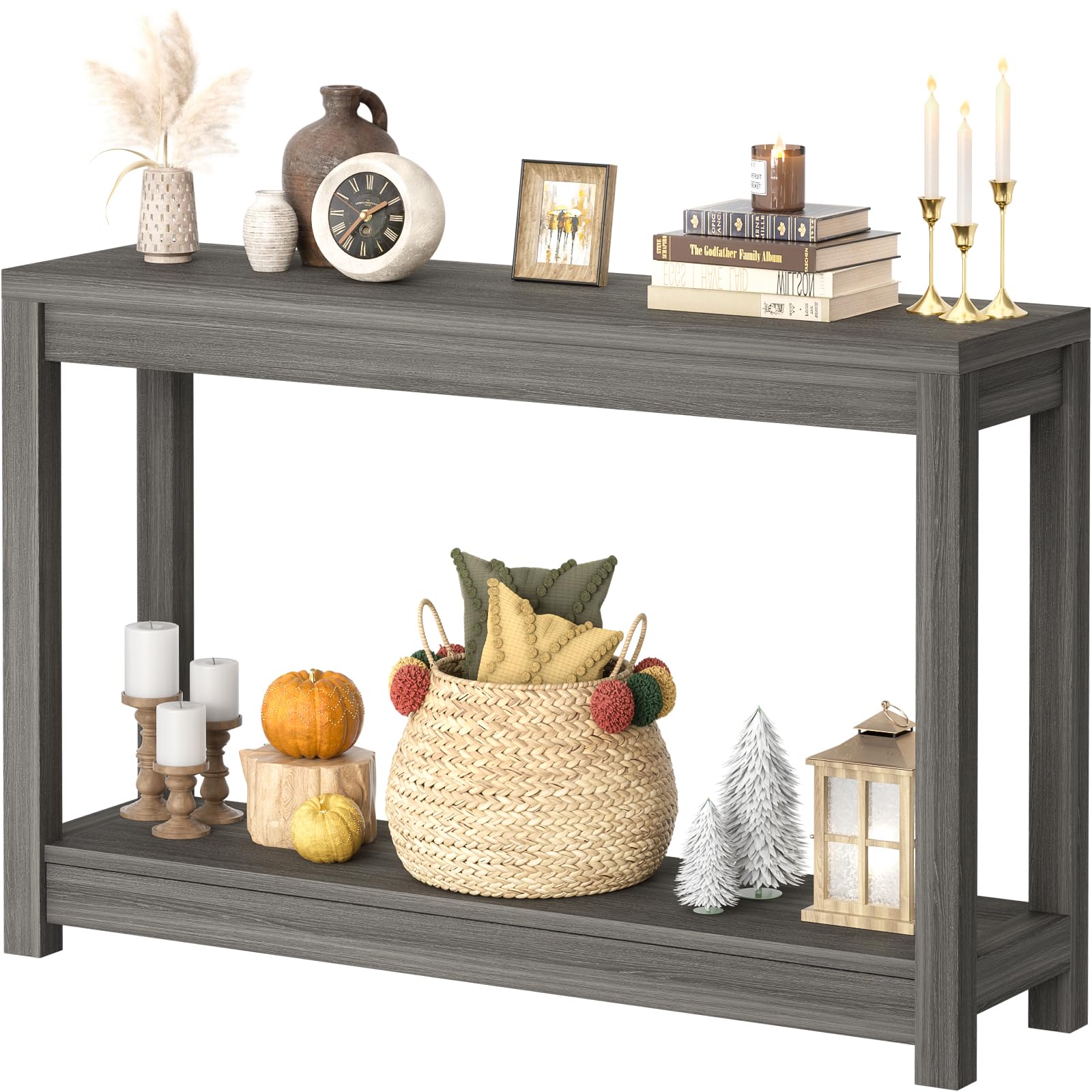 Besiost 32" Black Grain Wood Narrow Entryway Table with Shelf Storage & Simple Assembly