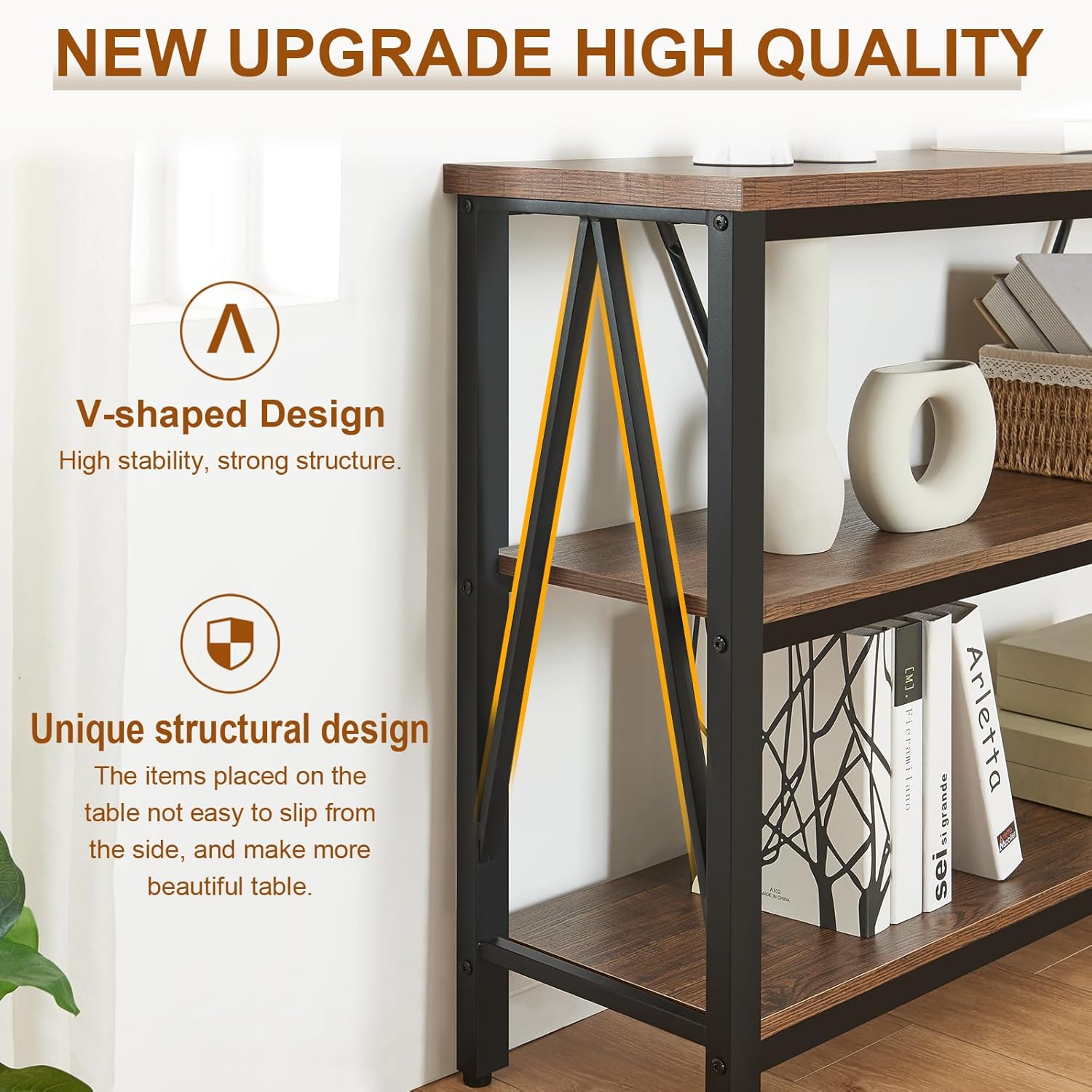 HOMISSUE Entryway Console Table, Rustic Console Table with Wide Storage, Industrial Foyer for Entryway with 3-Tier Open Shelves, Entry Tables for Living Room, Hallway, Brown, 47 Inch