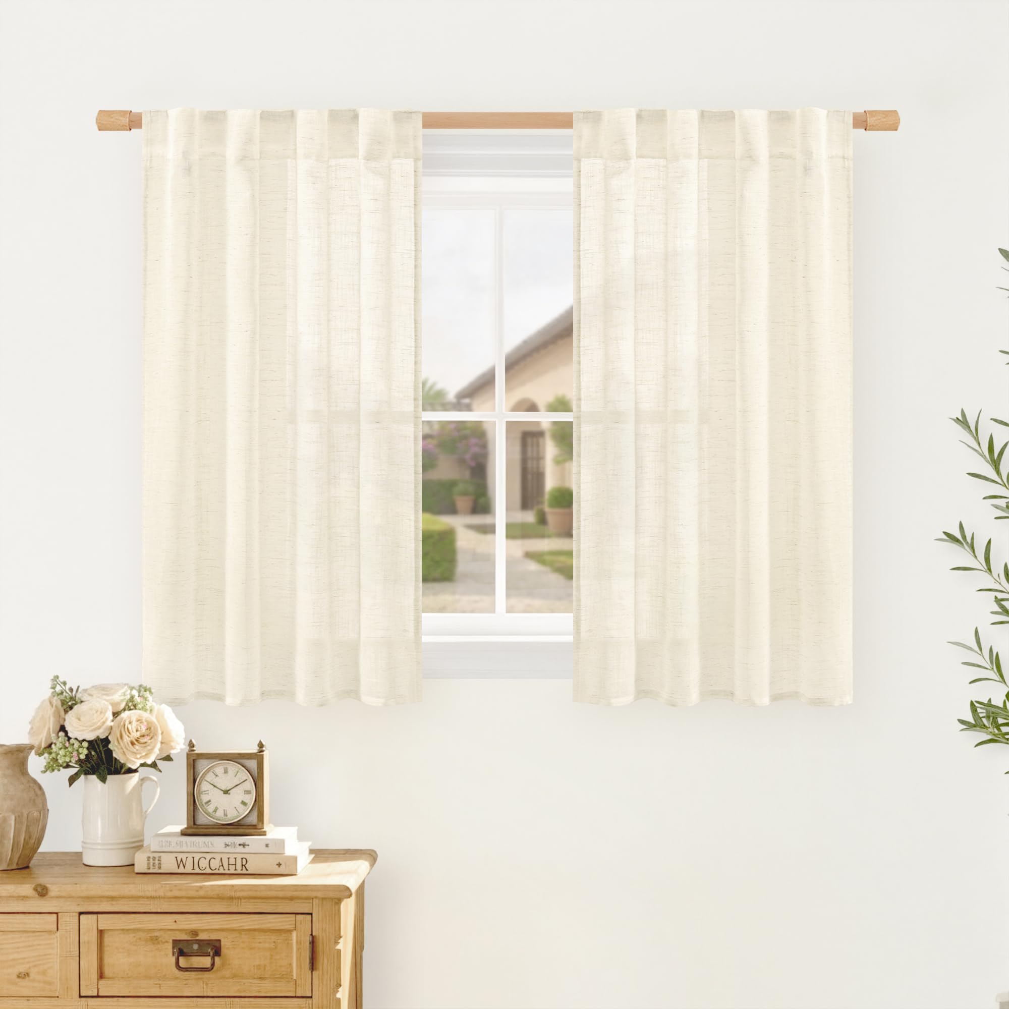 LAMIT Natural Linen Sheer Curtains 90 Inches Long 2 Panels, Long Light Filtering Window Treatments Back Tab and Rod Pocket Farmhouse Boho Panels for Living Room/Bedroom/Dining Room, 52 x 90 Inch