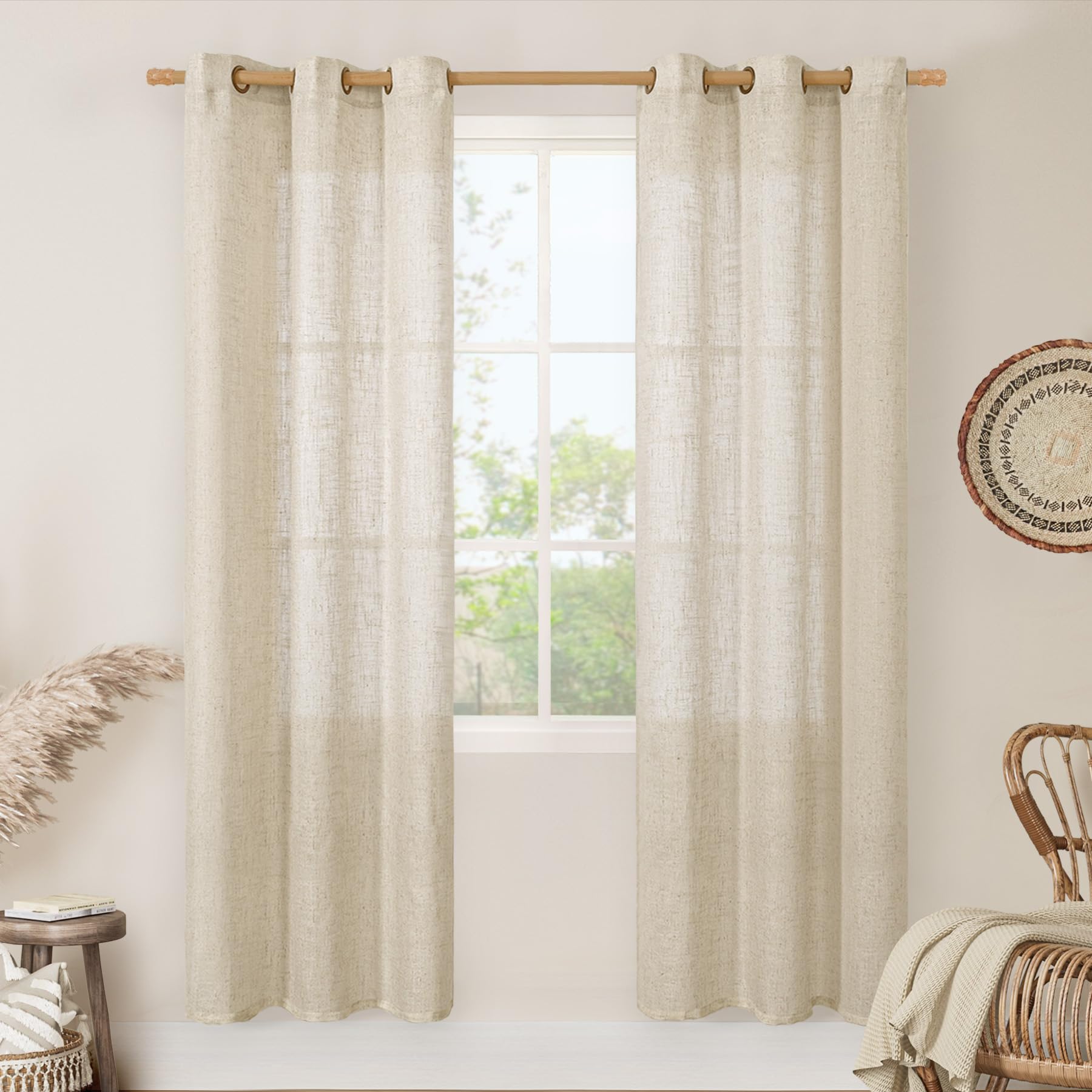 LAMIT Natural Cream Ivory Long Linen Curtains for Living Room, 108 inches Long Bronze Grommet Light Filtering Window Textured Neutral Sheer Drapes for Bedroom Farmhouse, 2 Panels, 52 x 108 Inch