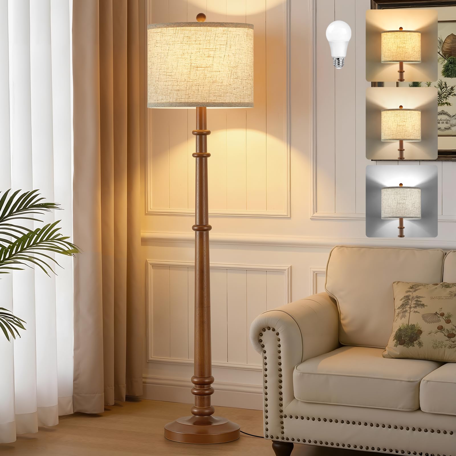 Floor Lamps for Living Room - 60" Resin Farmhouse Floor Lamp with Adjustable Color Temperatures - Vintage Standing Lamp Reading Light with Linen Shade Retro Tall Lamp for Bedroom Office, Black