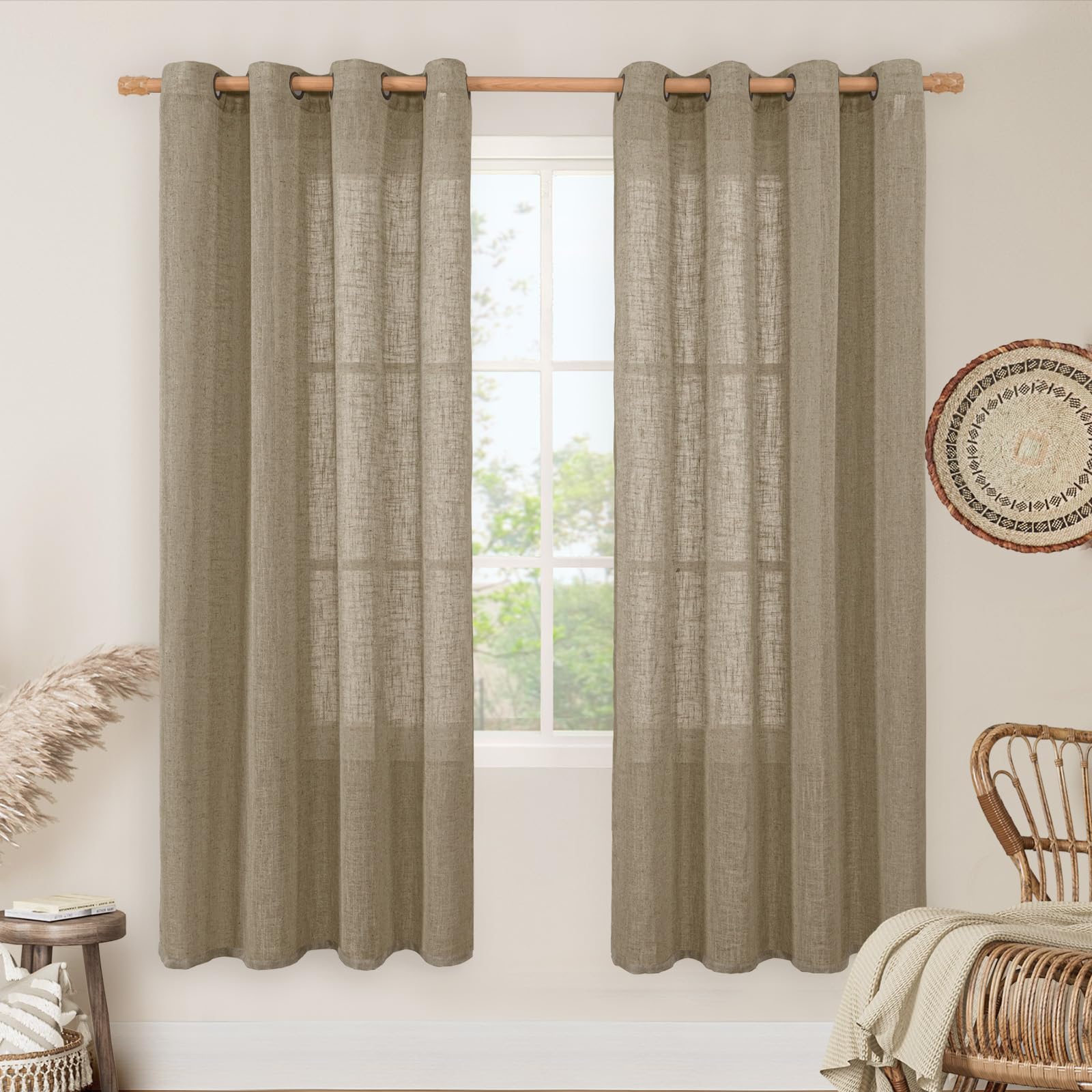 LAMIT Natural Cream Ivory Long Linen Curtains for Living Room, 108 inches Long Bronze Grommet Light Filtering Window Textured Neutral Sheer Drapes for Bedroom Farmhouse, 2 Panels, 52 x 108 Inch