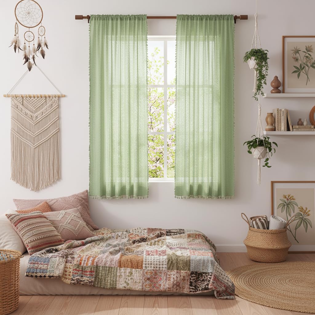 WAZZIO Boho Lace Curtains 108 Inch 2 Panel,Light Filtering Privacy Tassel & Geometry Crochet Semi Sheer Curtain Drapes for Bedroom Living Dining Room,Rod Pocket & Tassel,Vintage Farmhouse Decor,Beige