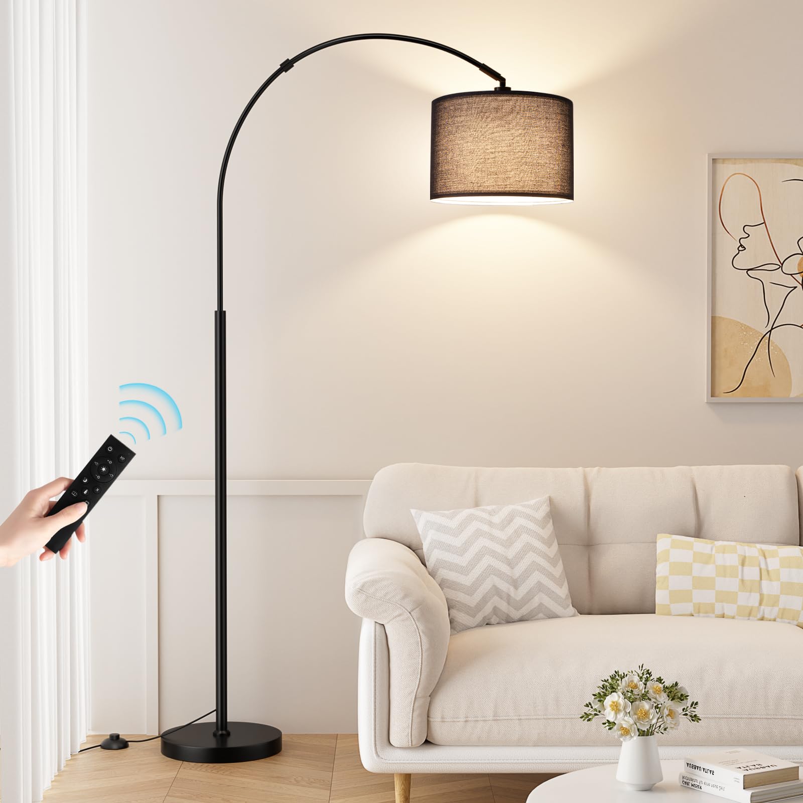 Ambimall 70 Dimmable Arc Floor Lamp with Remote, Color Temperatures and Brightness Adjustable, Arched Floor Lamp with Rotating Head, Over Couch Arched Light for Living Room (Deep Beige and Black)