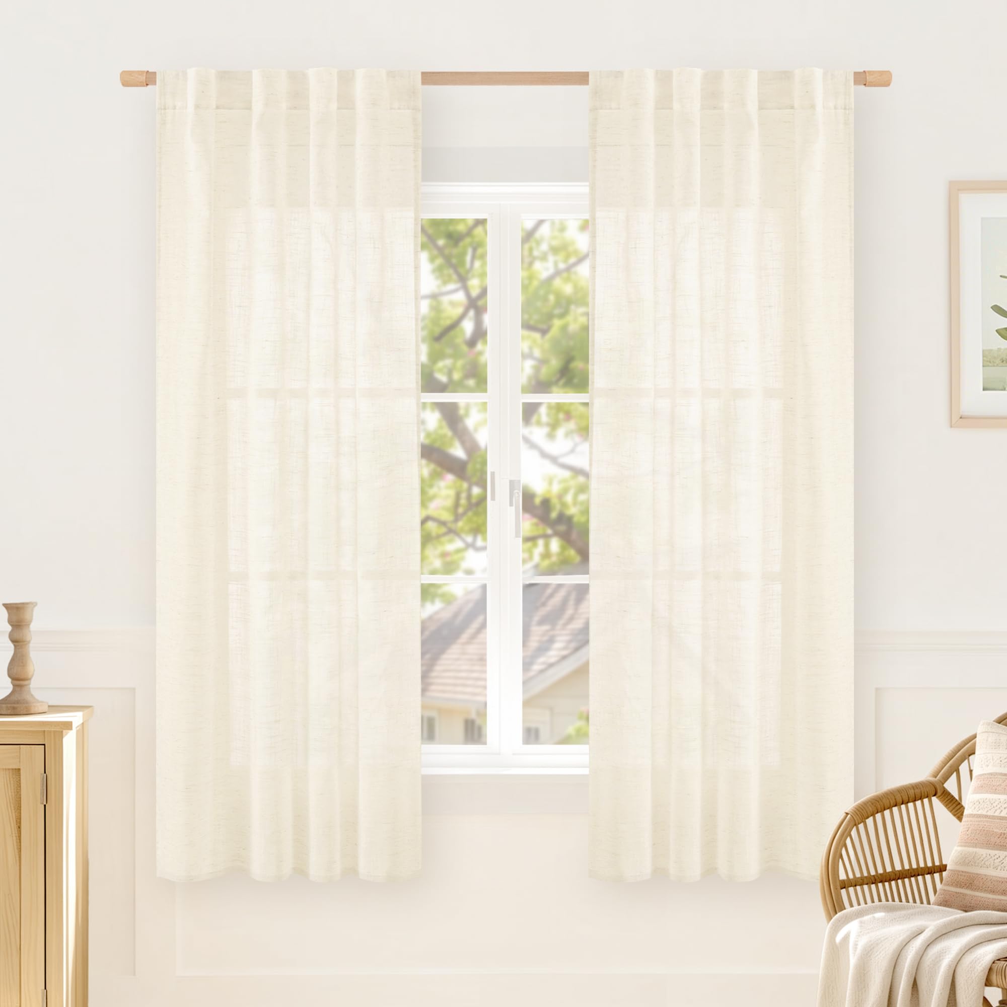 LAMIT Natural Linen Sheer Curtains 90 Inches Long 2 Panels, Long Light Filtering Window Treatments Back Tab and Rod Pocket Farmhouse Boho Panels for Living Room/Bedroom/Dining Room, 52 x 90 Inch