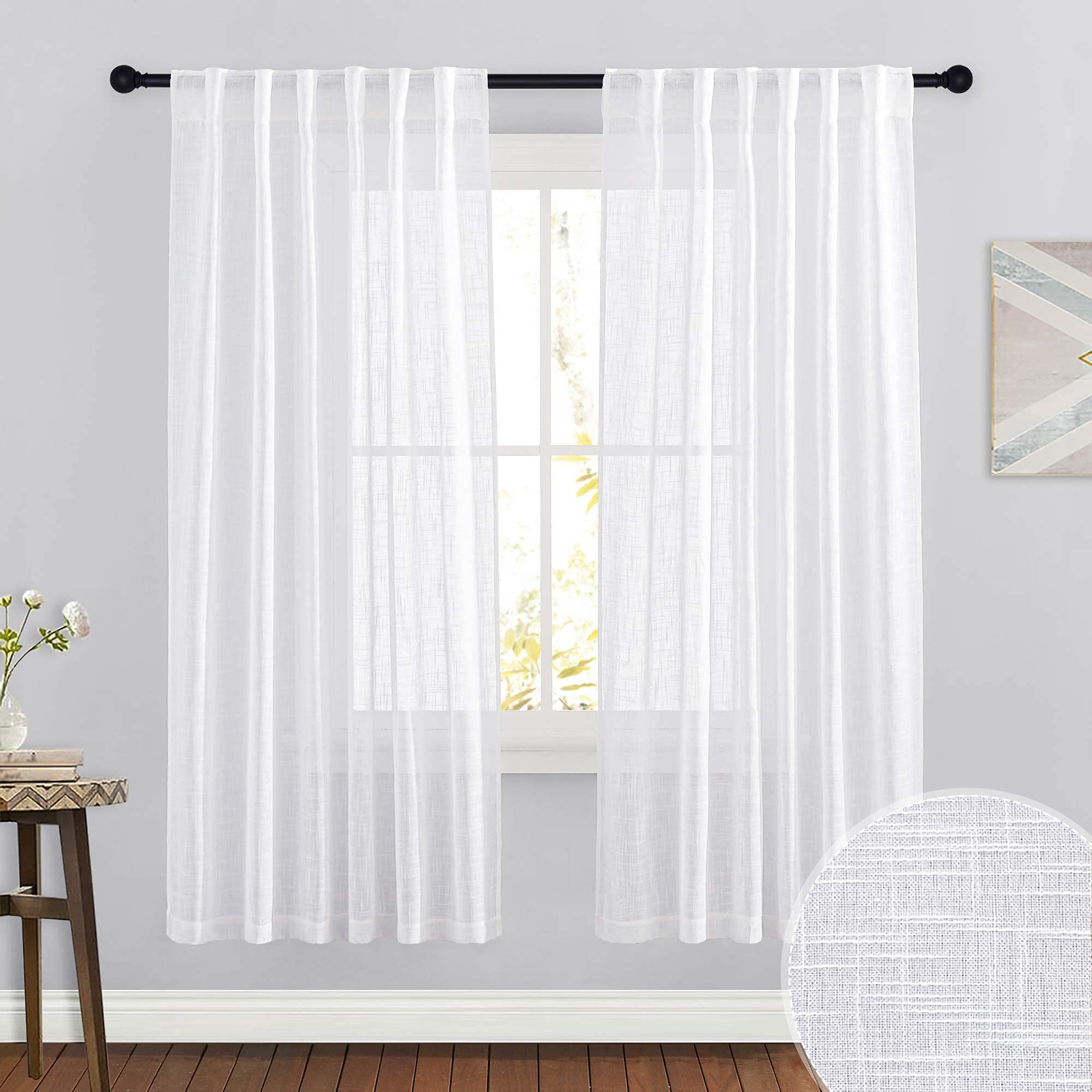 RYB HOME Semi Sheer Curtains 102 inches Long, Back Tab Light Filtration Half Privacy Window Curtains & Drapes for Bedroom Living Room, Linen, W 52 x L 102 inches, 2 Panels Set