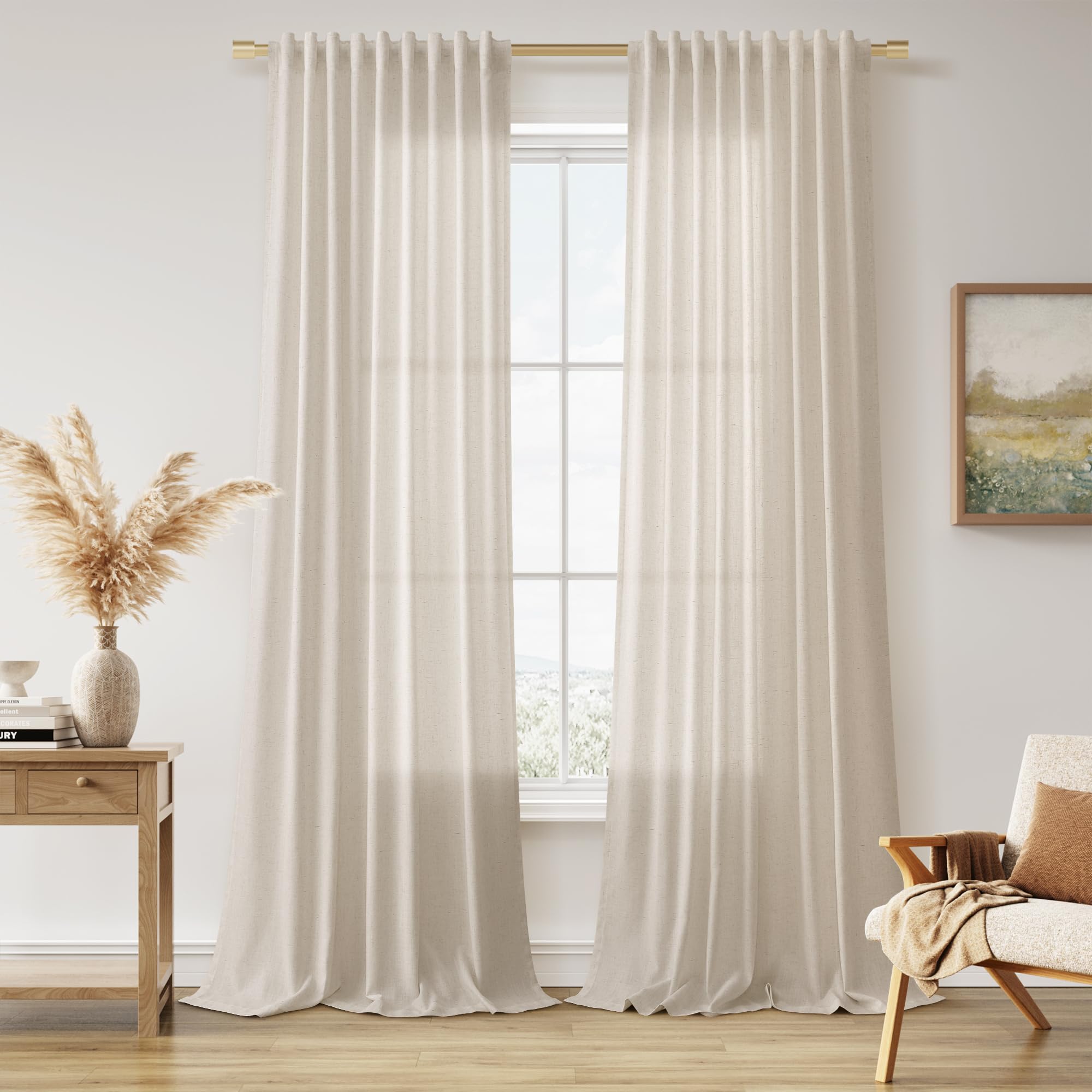 Nanspring Linen Curtains 80 Inches Long for Living Room Semi Sheer Light Filtering Curtain Back Tab Neutral Boho Modern Farmhouse Window Drapes for Bedroom 52x80 2 Panels Cream Ivory Beige Natural