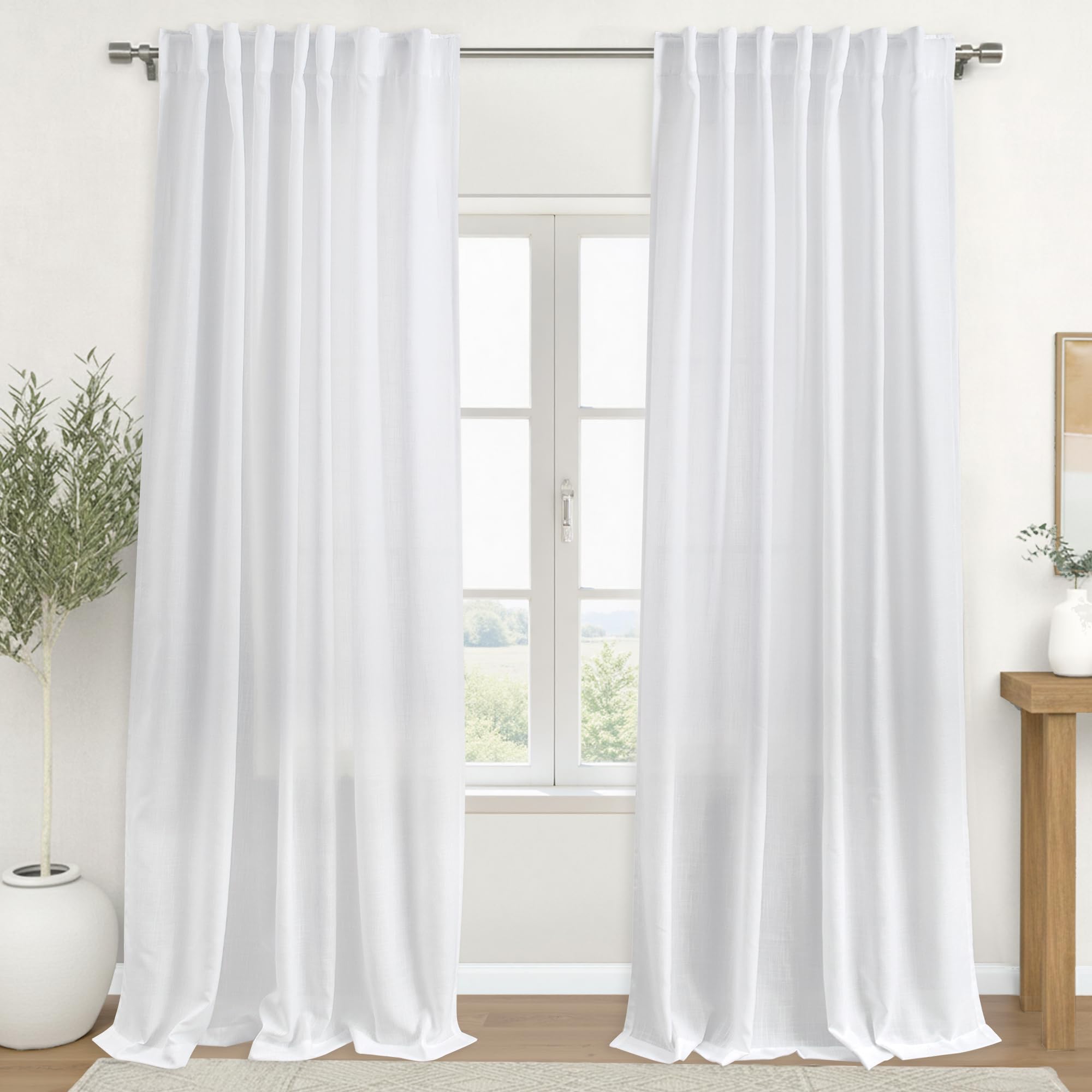 KOUFALL 92 Inch Curtains for Living Room 2 Panels Set,Light Filtering Farmhouse Boho Linen Semi Sheer Curtain Drapes 92 Inches Long for Bedroom,Cream Ivory