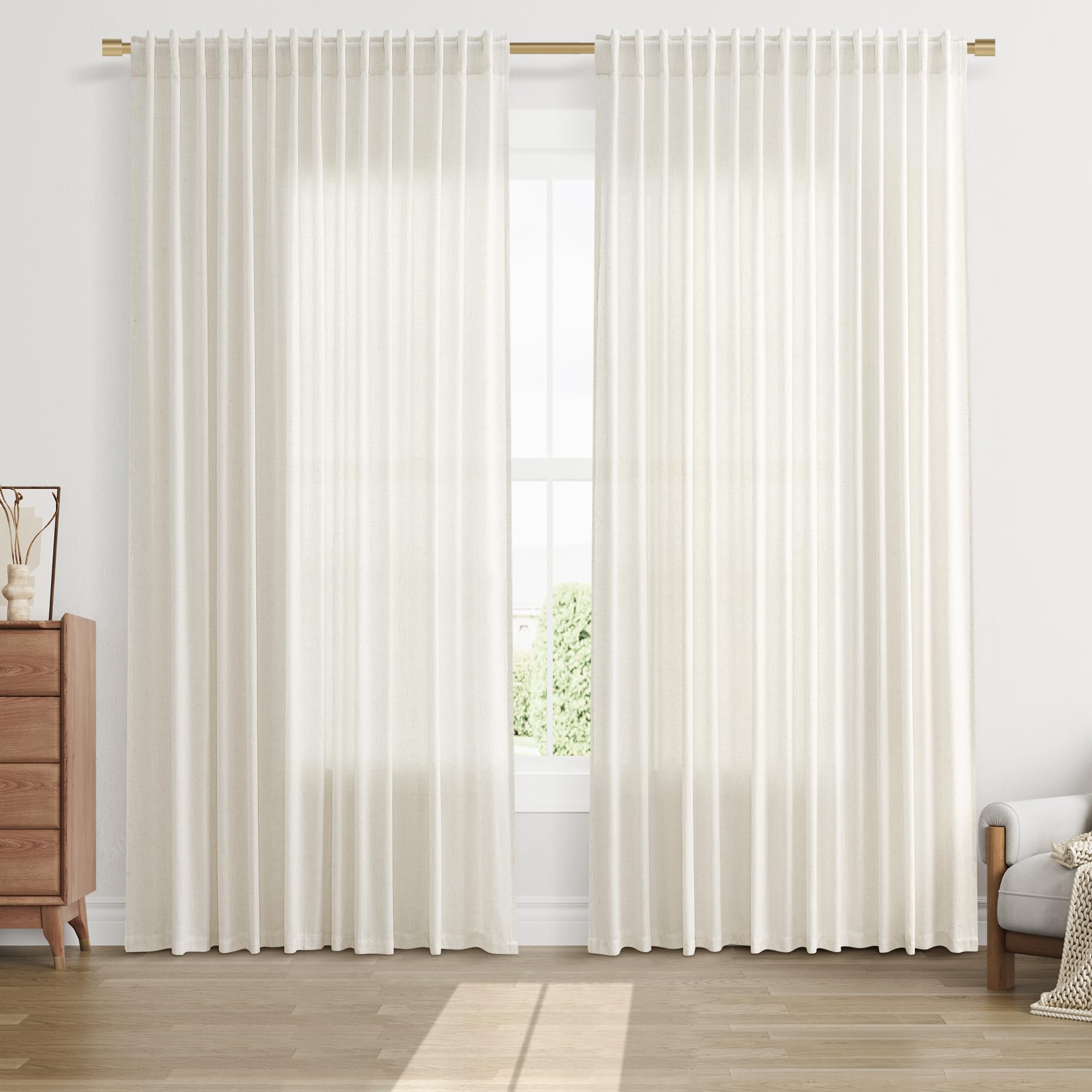 Nanspring Linen Curtains 80 Inches Long for Living Room Semi Sheer Light Filtering Curtain Back Tab Neutral Boho Modern Farmhouse Window Drapes for Bedroom 52x80 2 Panels Cream Ivory Beige Natural