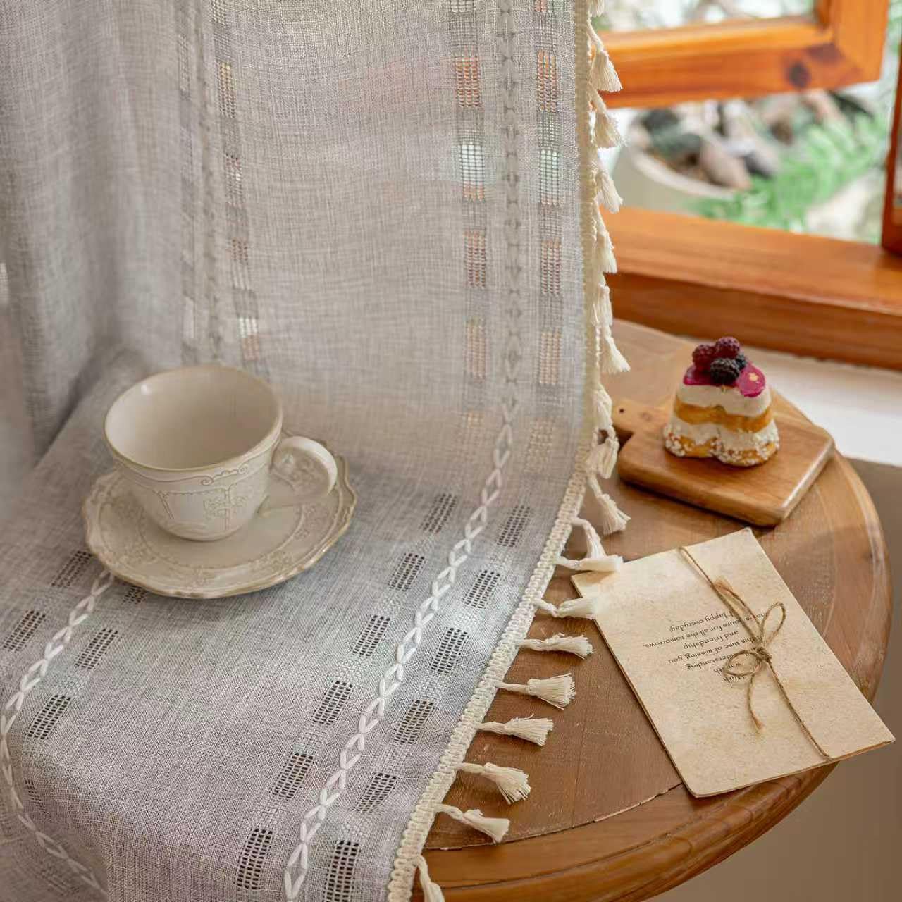 Natural Boho Semi Sheer Curtains 63 inch Length 2 Panel Set for Bedroom & Farmhouse, Bohemian Beige Light Filtering Privacy Drapes Tassels Shabby Chic Embroidery Window Curtains Back Tab & Rod pocket