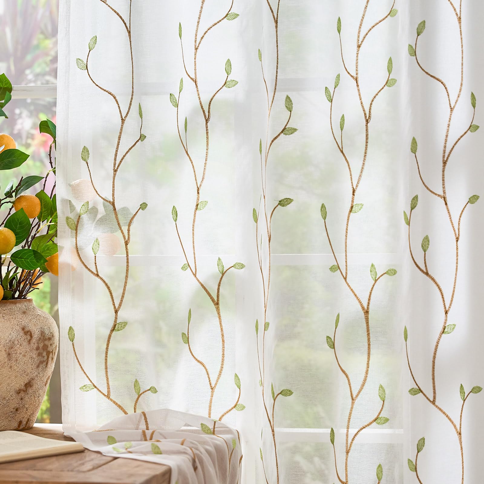 jinchan Sheer Curtains for Bedroom 84 Inch Length Leaf Embroidered Semi Sheers for Living Room Botanical Embroidery Voile Transparent Grommet Window Treatments Taupe 2 Panels