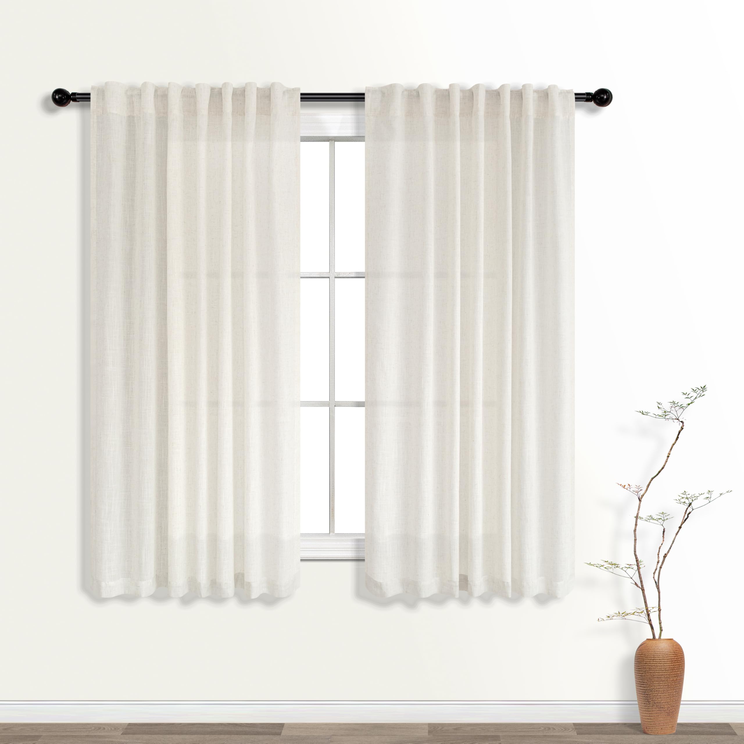 KOUFALL 92 Inch Curtains for Living Room 2 Panels Set,Light Filtering Farmhouse Boho Linen Semi Sheer Curtain Drapes 92 Inches Long for Bedroom,Cream Ivory