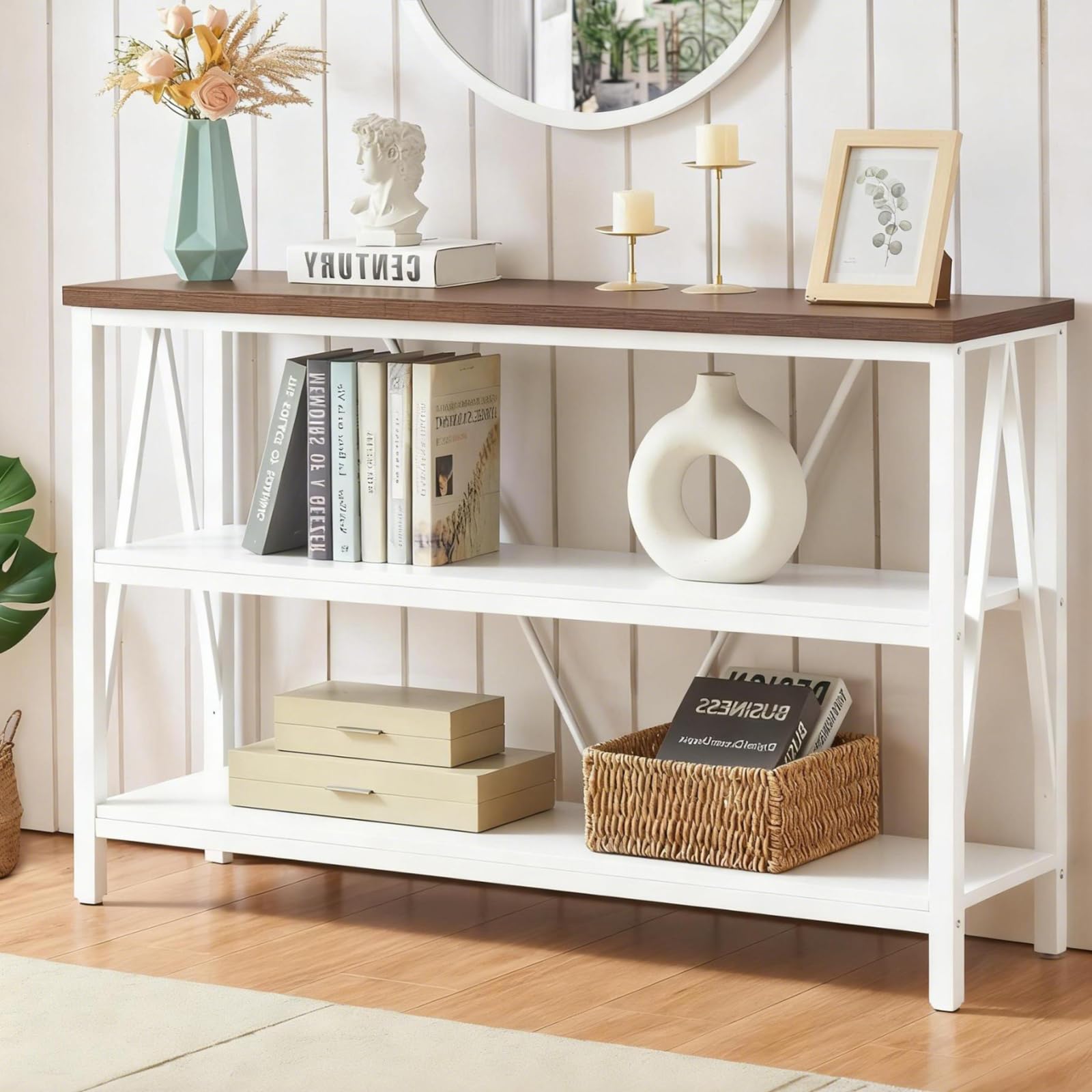 HOMISSUE Entryway Console Table, Rustic Console Table with Wide Storage, Industrial Foyer for Entryway with 3-Tier Open Shelves, Entry Tables for Living Room, Hallway, Brown, 47 Inch