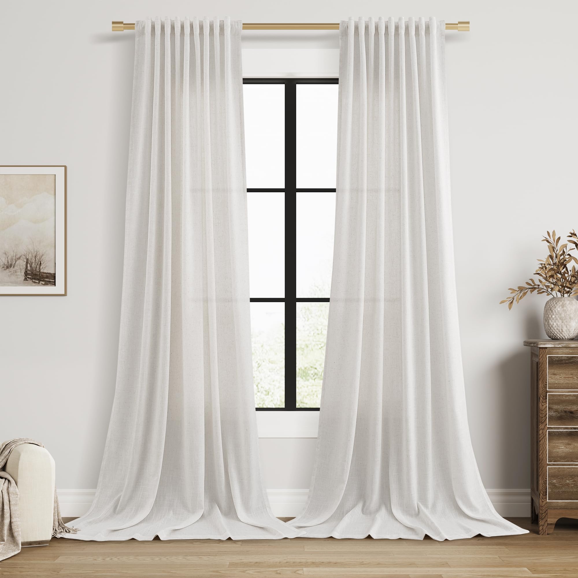 Nanspring Linen Curtains 80 Inches Long for Living Room Semi Sheer Light Filtering Curtain Back Tab Neutral Boho Modern Farmhouse Window Drapes for Bedroom 52x80 2 Panels Cream Ivory Beige Natural
