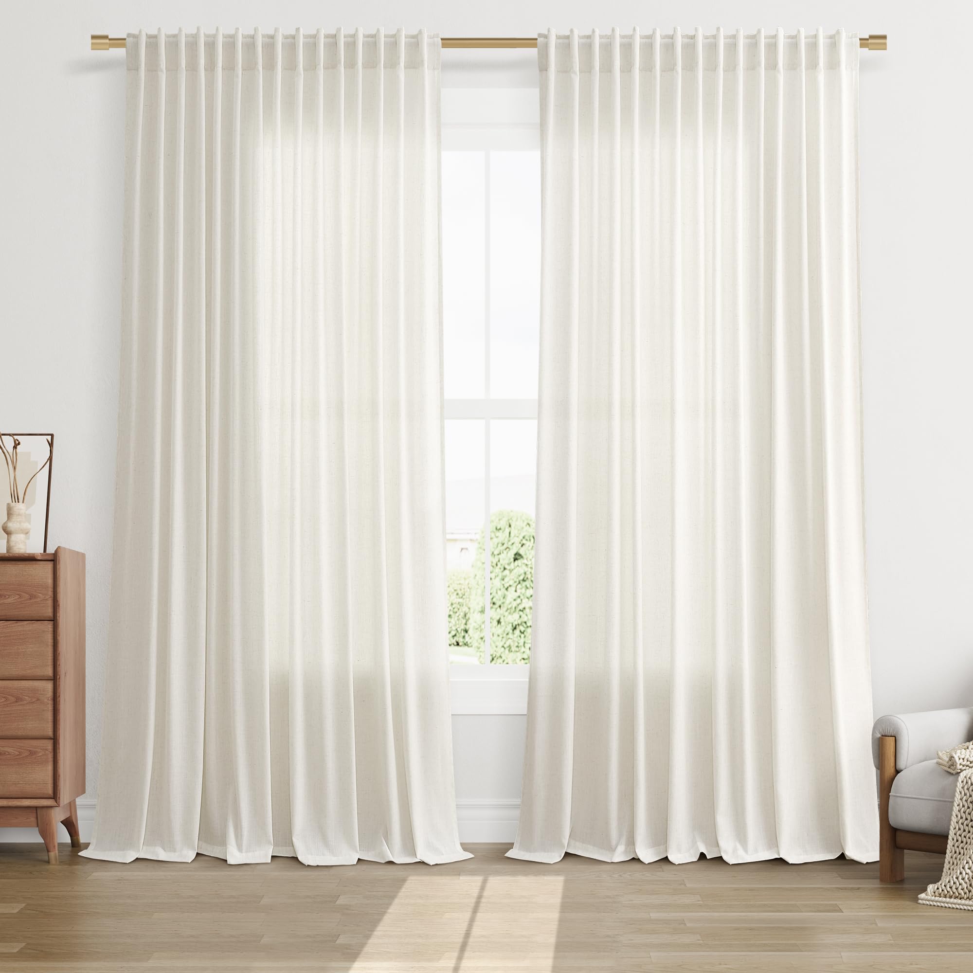 Nanspring Linen Curtains 80 Inches Long for Living Room Semi Sheer Light Filtering Curtain Back Tab Neutral Boho Modern Farmhouse Window Drapes for Bedroom 52x80 2 Panels Cream Ivory Beige Natural