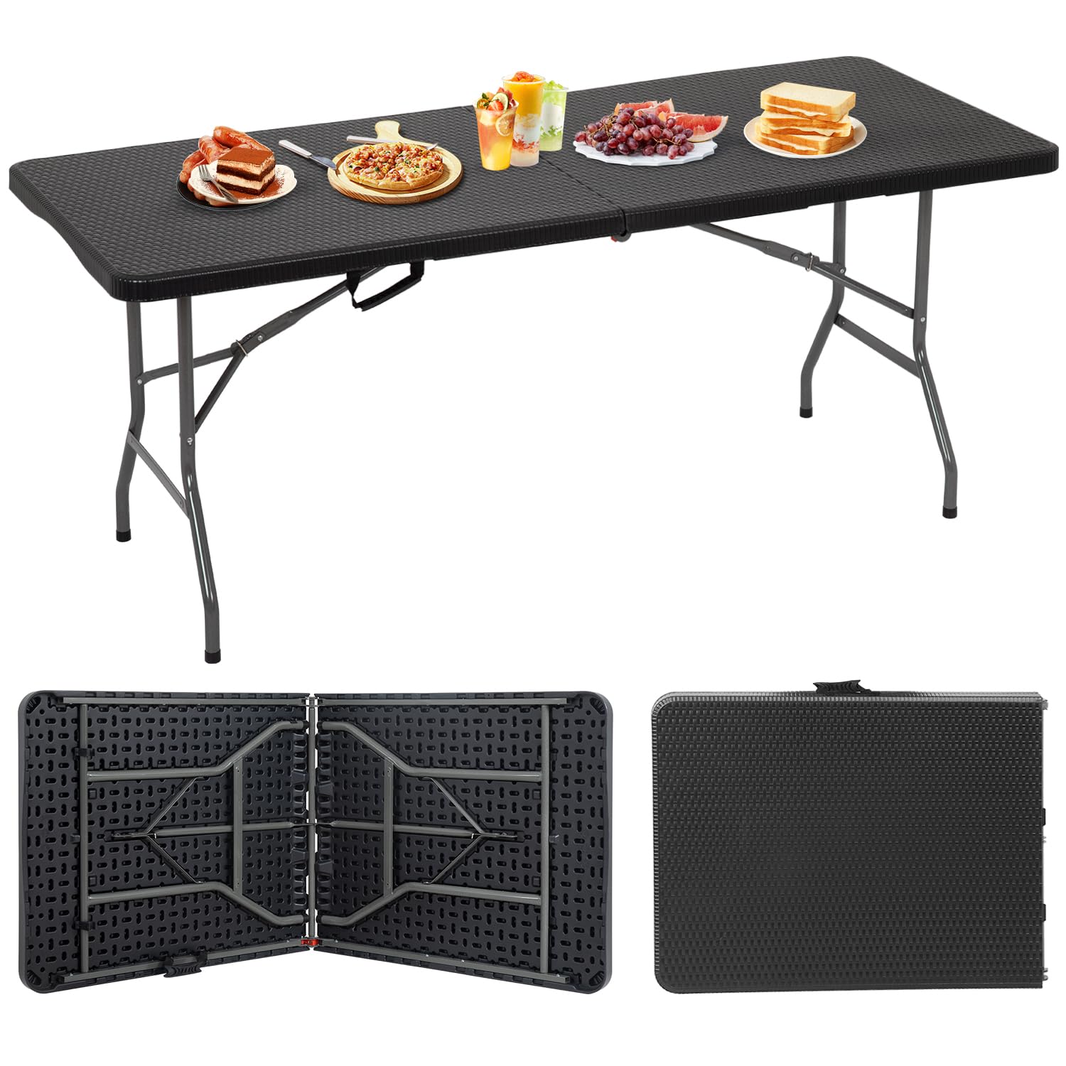 BestOffice Outdoor 6 FT Folding Camping Table Plastic Table Portable Square Height Dining Table Perfect for Picnics, Parties, Party and Camping, Black