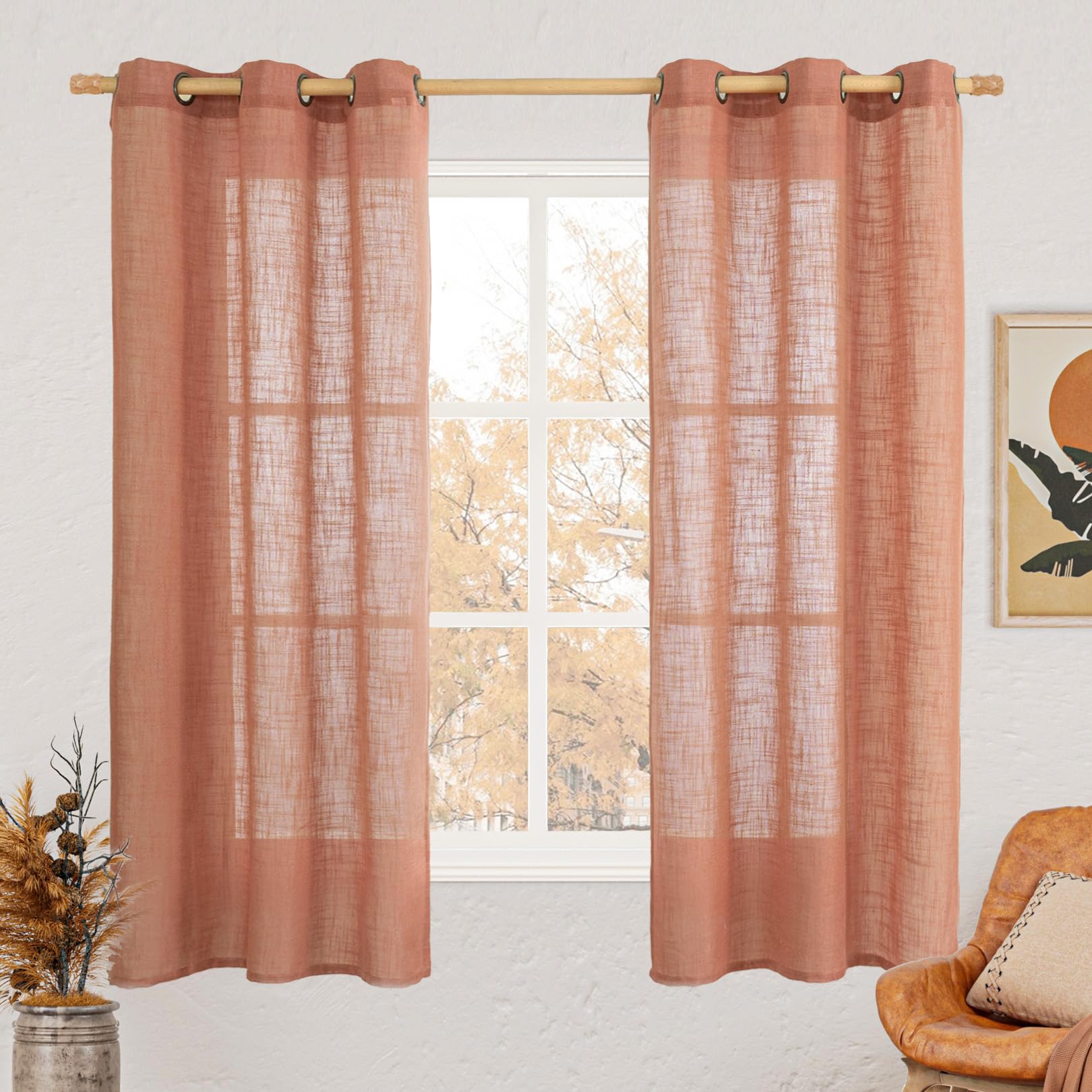 LAMIT Natural Cream Ivory Long Linen Curtains for Living Room, 108 inches Long Bronze Grommet Light Filtering Window Textured Neutral Sheer Drapes for Bedroom Farmhouse, 2 Panels, 52 x 108 Inch