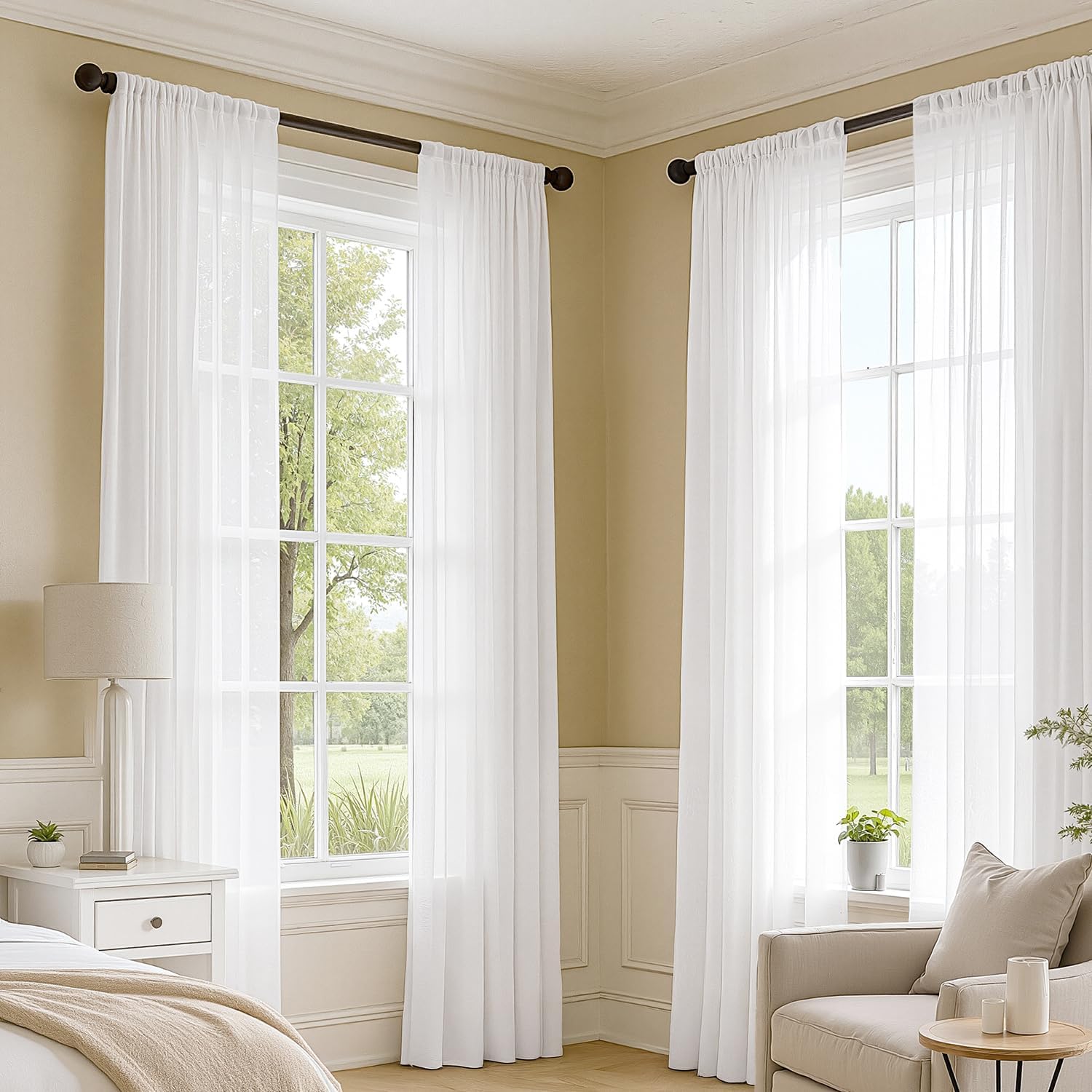 MIULEE White Sheer Curtains 105 Inches Long, 4 Panels Set, Light Filtering Voile Rod Pocket Drapes, Airy Soft Fabric Window Treatments for Living Room and Bedroom, 42 x 105 Inches