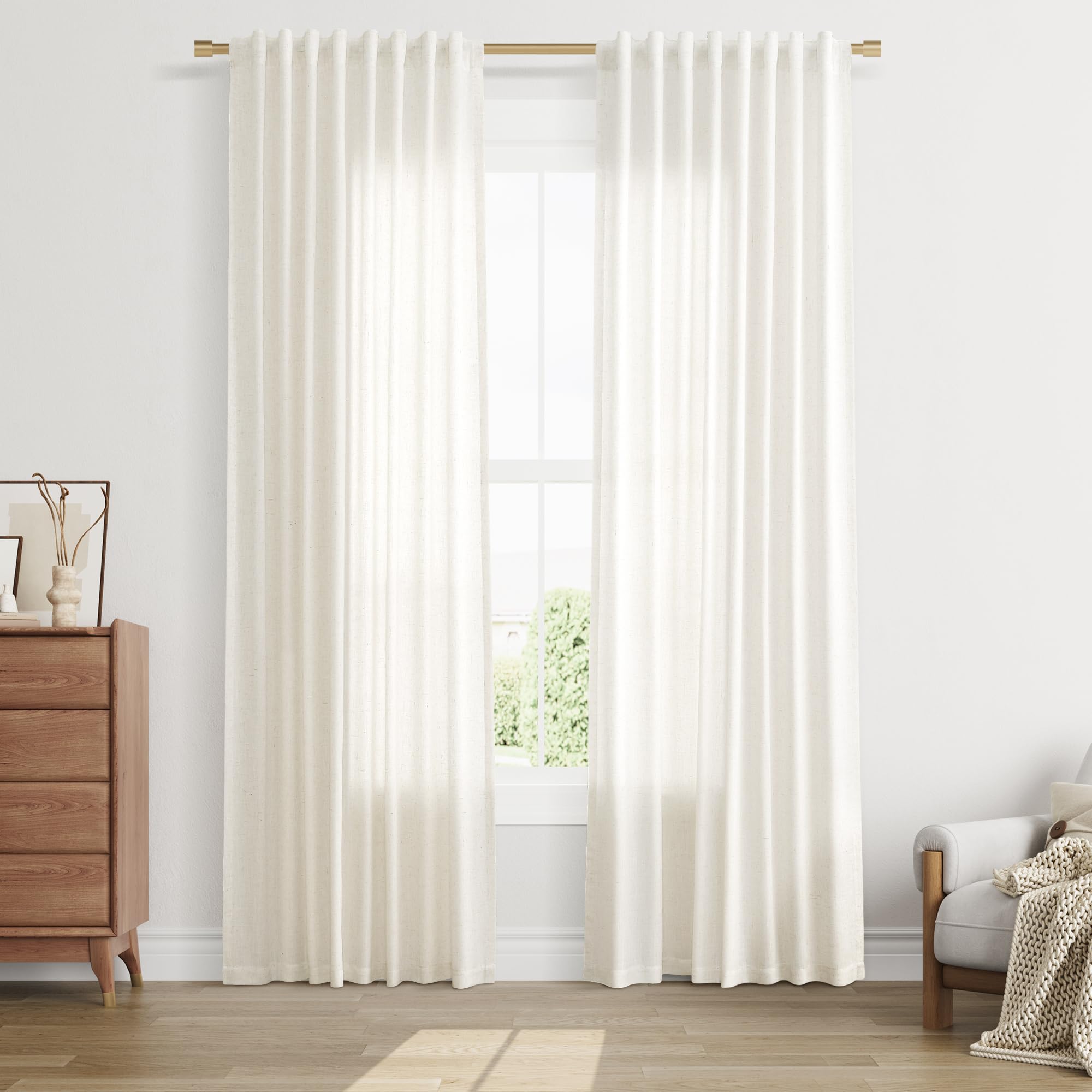 Nanspring Linen Curtains 80 Inches Long for Living Room Semi Sheer Light Filtering Curtain Back Tab Neutral Boho Modern Farmhouse Window Drapes for Bedroom 52x80 2 Panels Cream Ivory Beige Natural