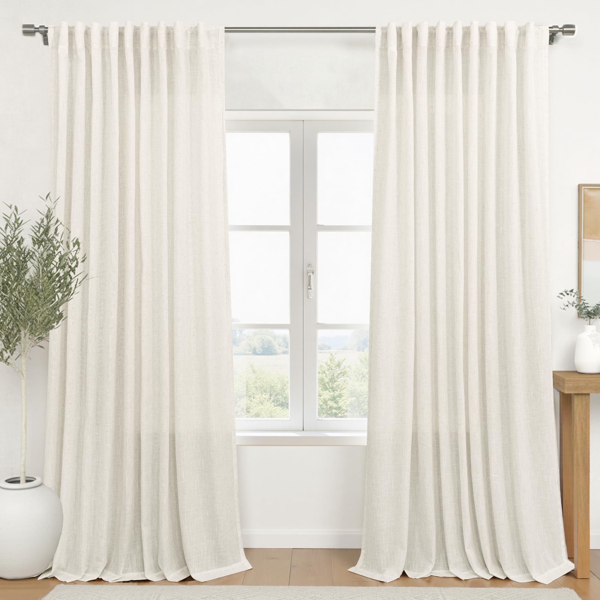 KOUFALL 92 Inch Curtains for Living Room 2 Panels Set,Light Filtering Farmhouse Boho Linen Semi Sheer Curtain Drapes 92 Inches Long for Bedroom,Cream Ivory