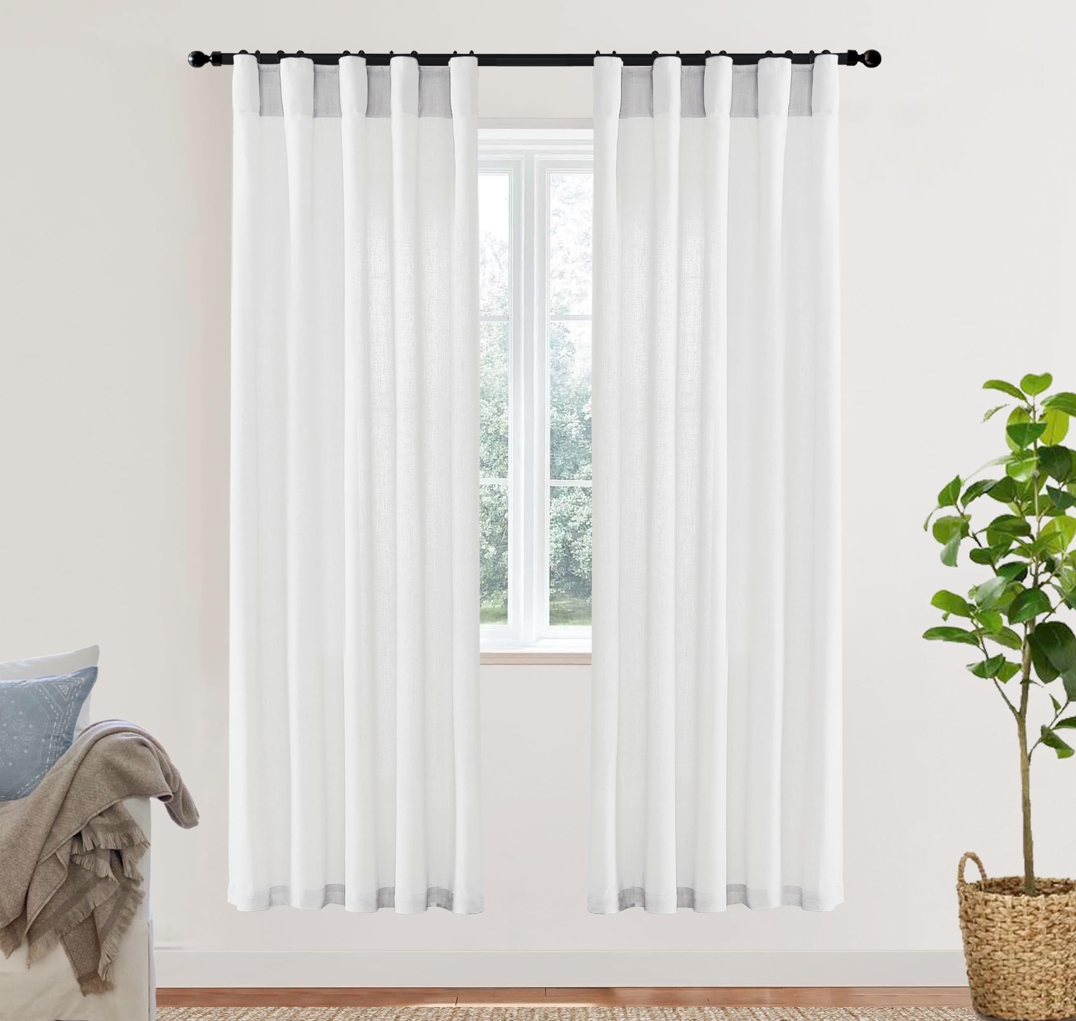 XTMYI 90 Inches Long Sheer Linen Curtains 2 Panels Set,Hook Tape Back Tab Semi Sheer Cotton Blend Fabric Modern Cottage Core Cottagecore Curtain Drapes for Living Room Bedroom,50x90 in Length