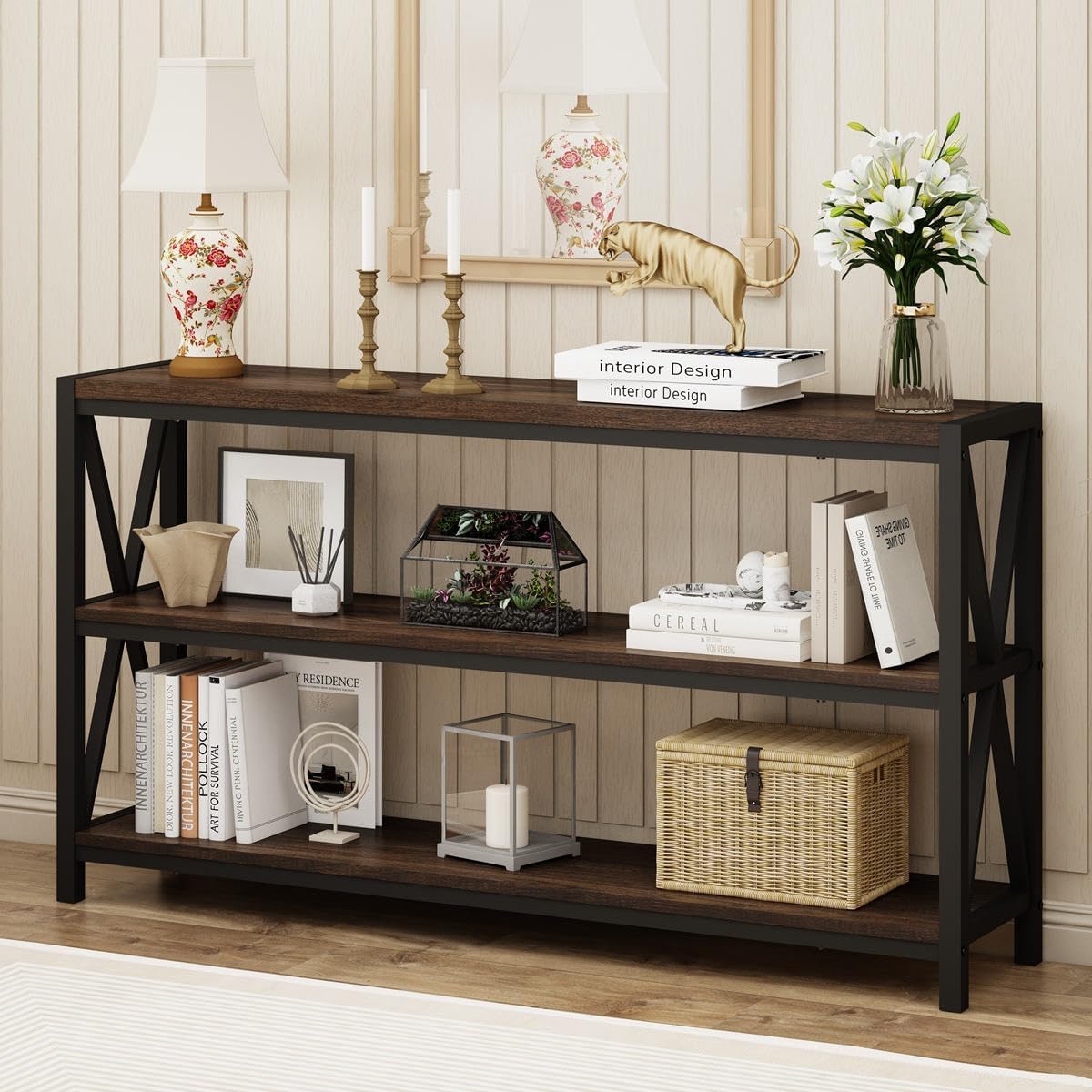 FATORRI Console Table for Entryway, Modern Entry Table with 3 Tier Shelves, Couch Tables Behind Sofa for Living Room (55 Inch, Dark Walnut)