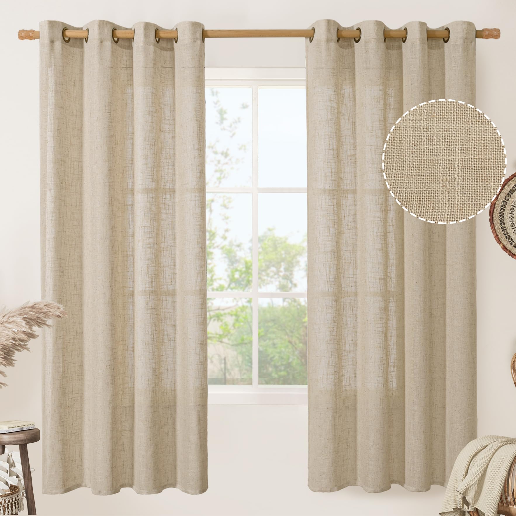 LAMIT Natural Cream Ivory Long Linen Curtains for Living Room, 108 inches Long Bronze Grommet Light Filtering Window Textured Neutral Sheer Drapes for Bedroom Farmhouse, 2 Panels, 52 x 108 Inch