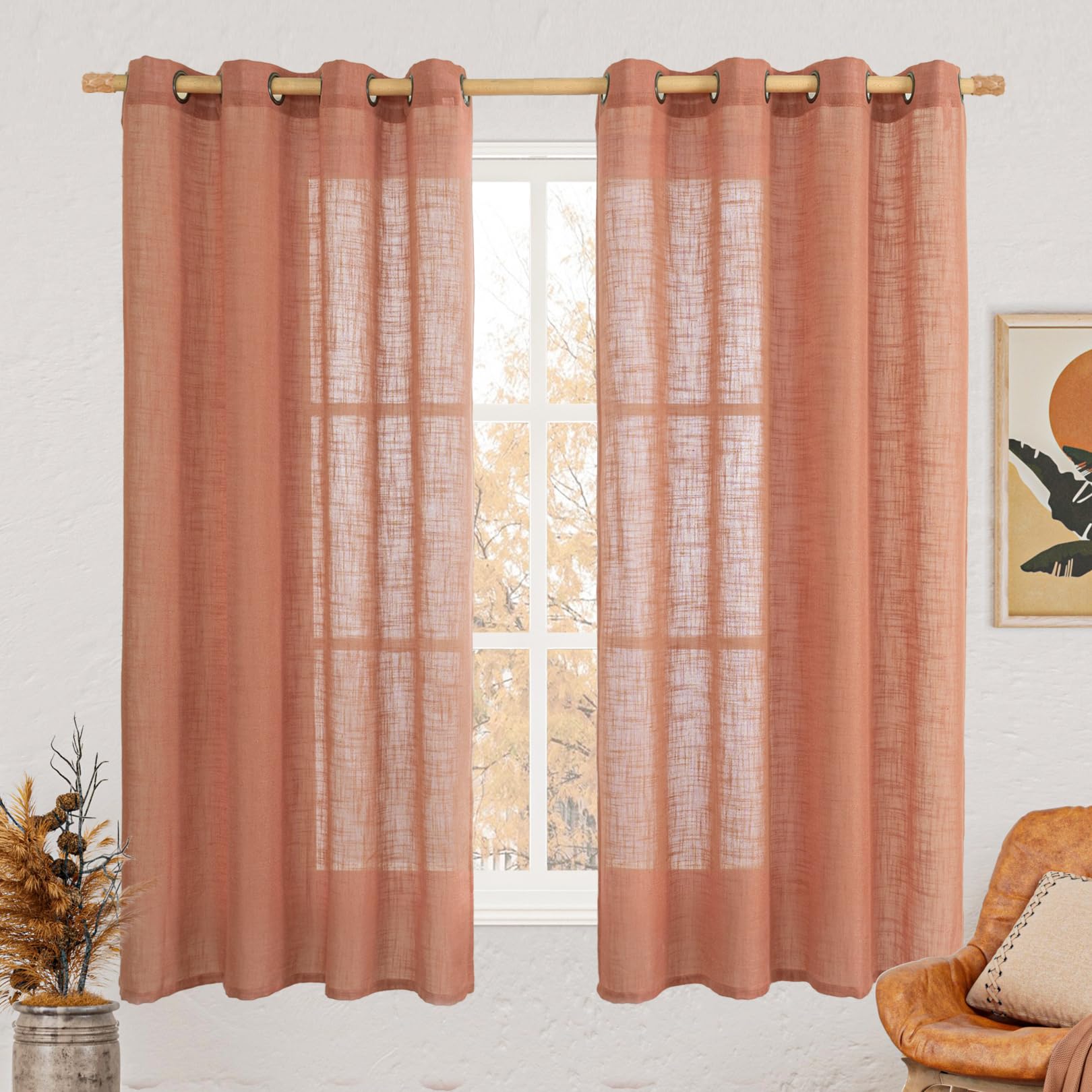 LAMIT Natural Cream Ivory Long Linen Curtains for Living Room, 108 inches Long Bronze Grommet Light Filtering Window Textured Neutral Sheer Drapes for Bedroom Farmhouse, 2 Panels, 52 x 108 Inch