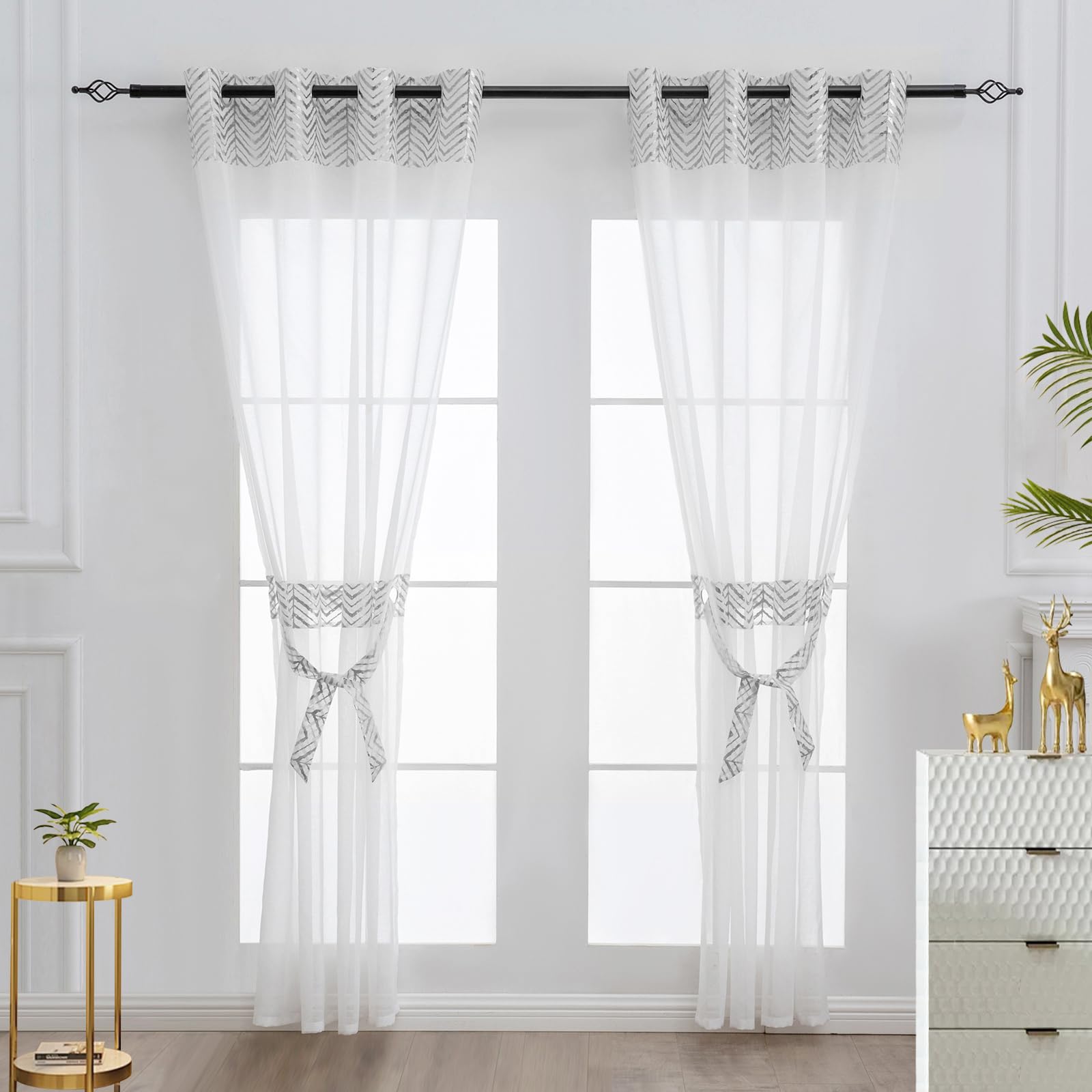 L.Z.E Gold White Sheer Curtains 108 Inches Long 2 Panels Set for Living Room Bedroom See Through Sheer Curtains Grommet Top Transparent Sheers with Wave Pattern Extra Long