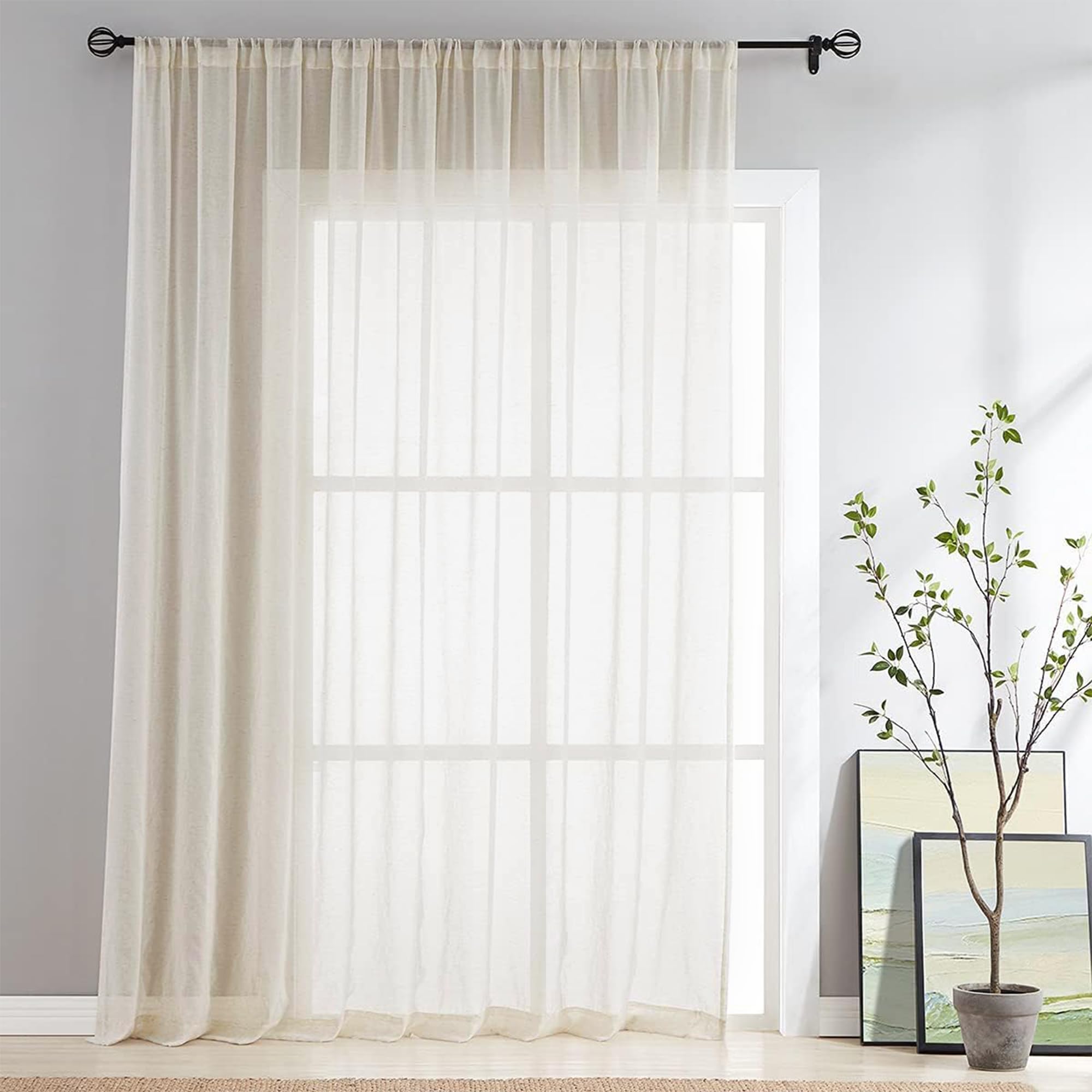 FMFUNCTEX Linen Sheer Curtains for Living Room, Beige Curtains 96 inches Long for Bedroom, Natural Flax Blend Window Draperies for Farmhouse Curtain, Rod Pocket 2 Panels
