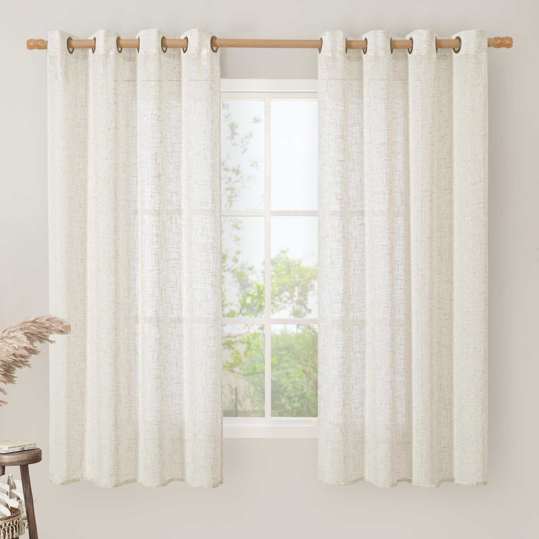 LAMIT Natural Cream Ivory Long Linen Curtains for Living Room, 108 inches Long Bronze Grommet Light Filtering Window Textured Neutral Sheer Drapes for Bedroom Farmhouse, 2 Panels, 52 x 108 Inch