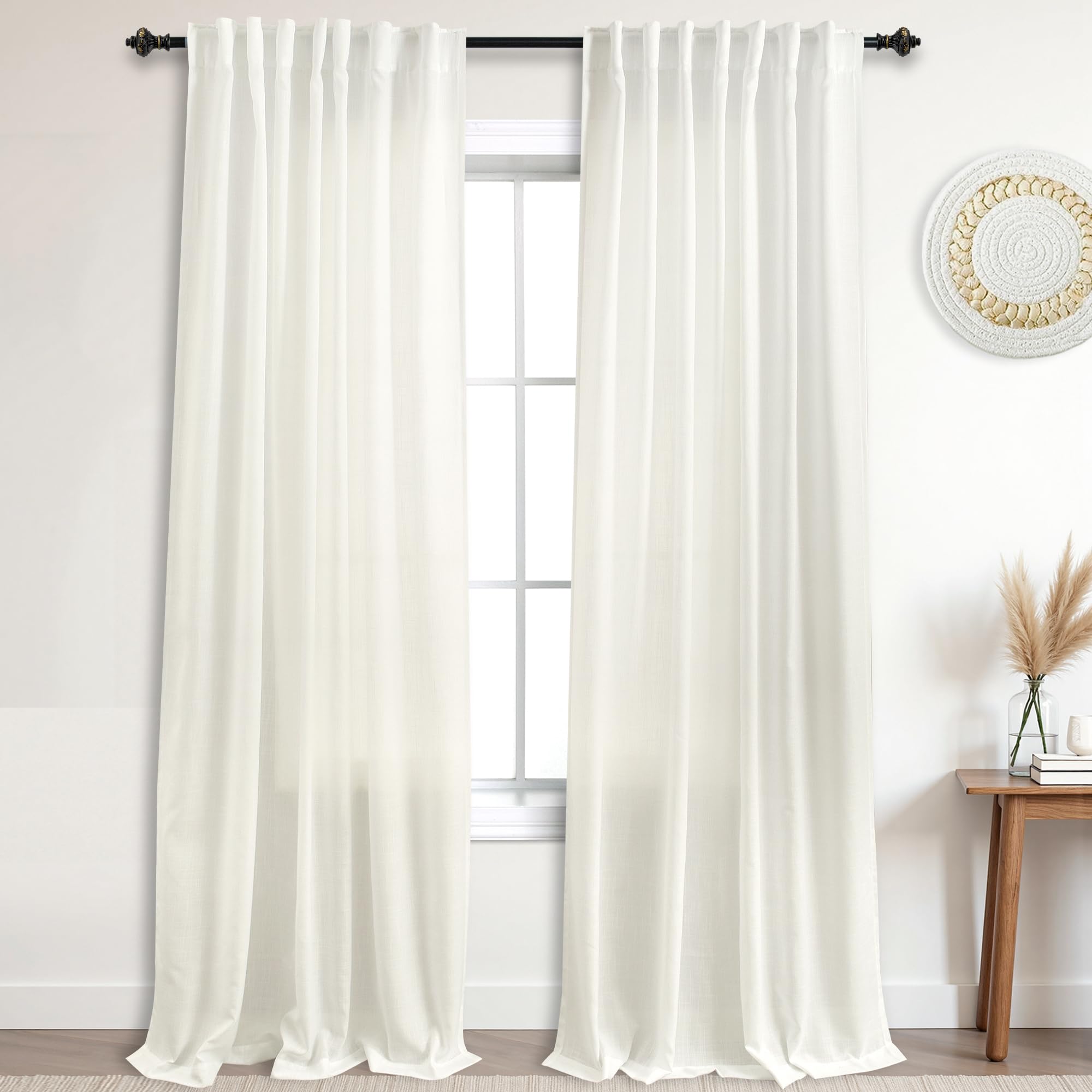 KOUFALL 92 Inch Curtains for Living Room 2 Panels Set,Light Filtering Farmhouse Boho Linen Semi Sheer Curtain Drapes 92 Inches Long for Bedroom,Cream Ivory