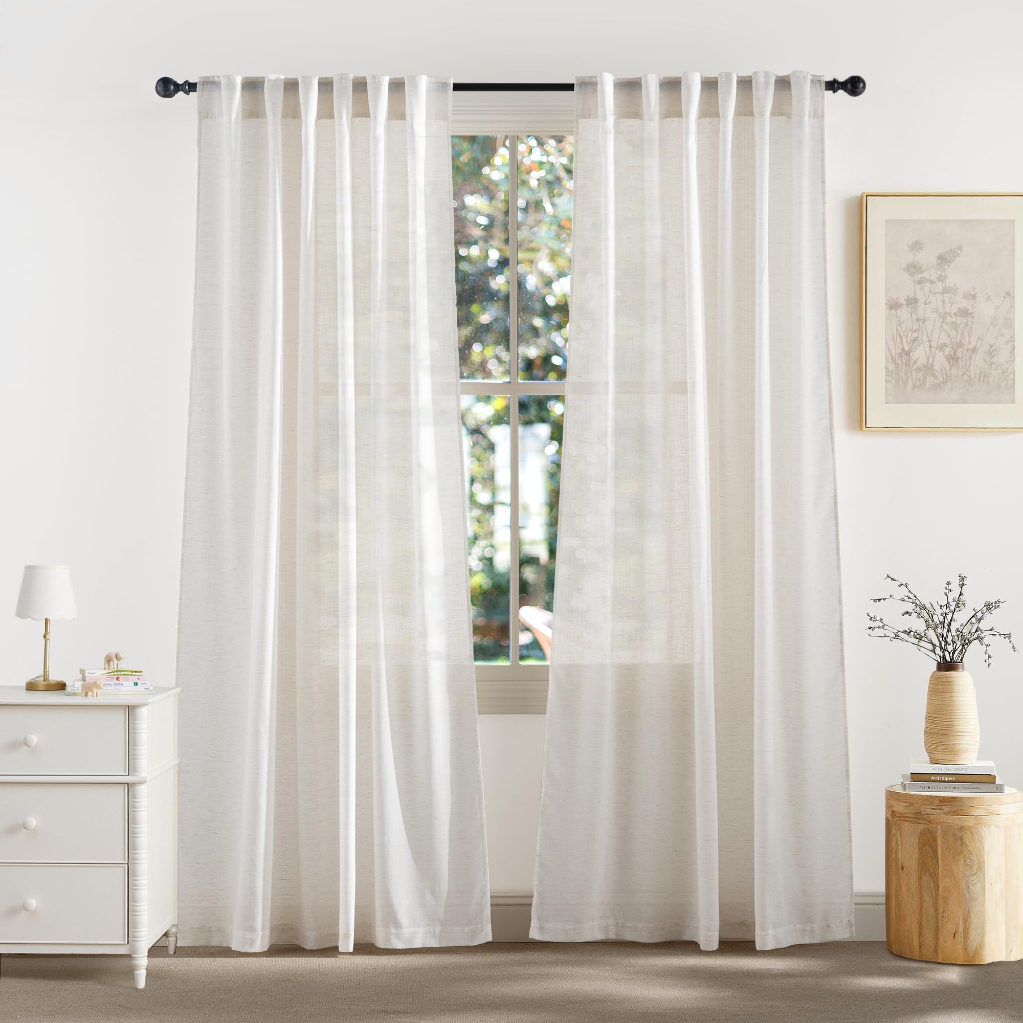RYB HOME Semi Sheer Curtains 102 inches Long, Back Tab Light Filtration Half Privacy Window Curtains & Drapes for Bedroom Living Room, Linen, W 52 x L 102 inches, 2 Panels Set