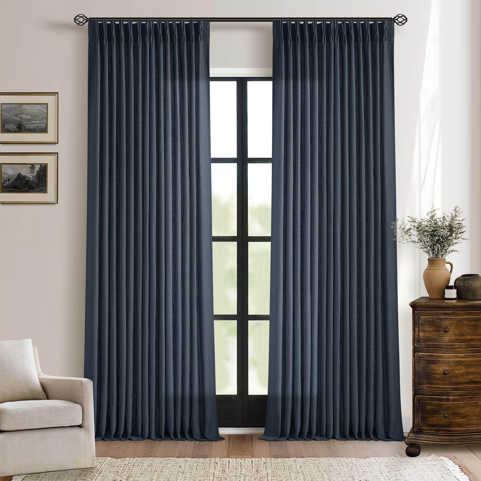 Natural Pinch Pleated Linen Curtains 84 Inch Length 2 Panels for Living Room Bedroom Textured Cream Ivory Birch Semi Sheer Boho Neutral Back Tab Pinch Pleat Hooks Rings Window Curtain 84 Inches Long