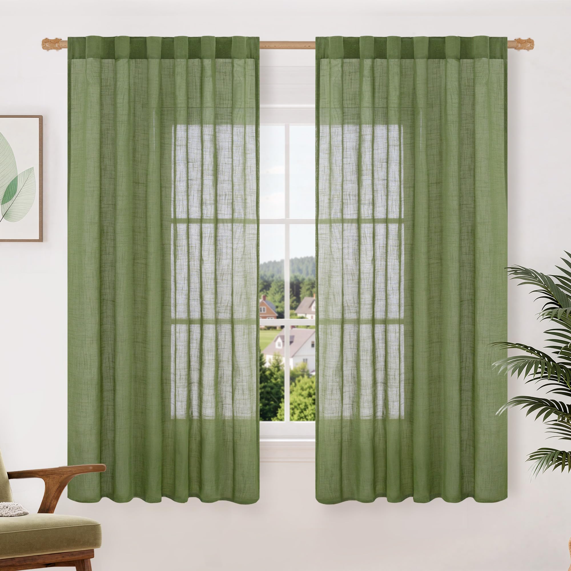 LAMIT Natural Linen Sheer Curtains 90 Inches Long 2 Panels, Long Light Filtering Window Treatments Back Tab and Rod Pocket Farmhouse Boho Panels for Living Room/Bedroom/Dining Room, 52 x 90 Inch