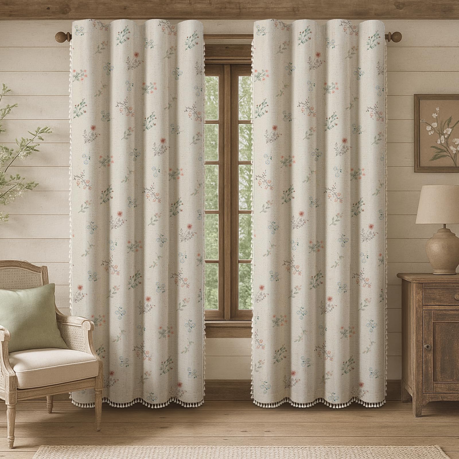 Boho Floral Spring Semi Sheer Curtains 84 Inch Length 2 Panels Set, Linen Texture Farmhouse Light Filtering Curtains Beige Tassel for Bedroom Living Room Vintage Rustic Patterned Printed Rod Pocket