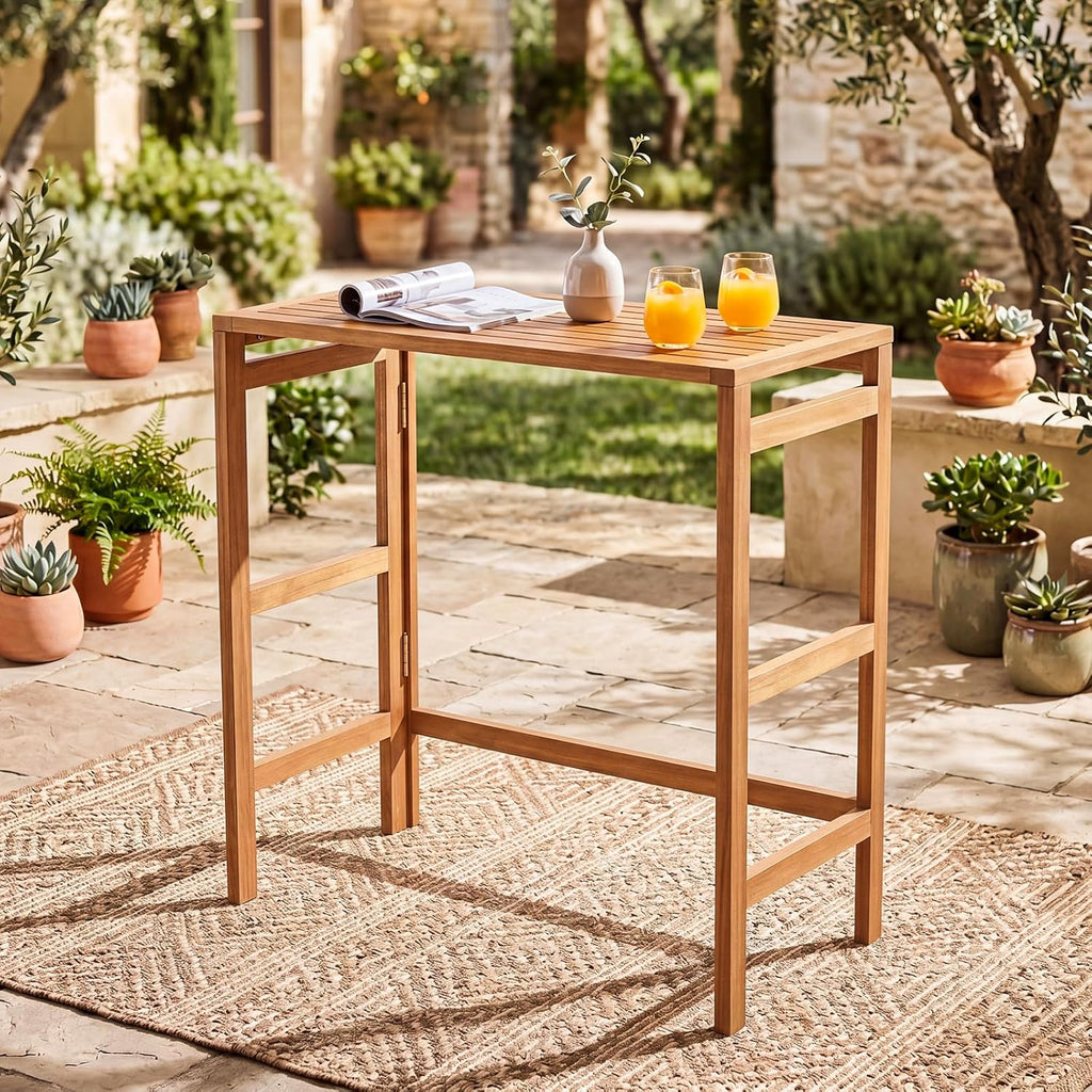 HAPPYGRILL Acacia Wood Folding Bar Table Outdoor Counter Height Patio Dining Table with Slatted Tabletop, for Outside Balcony Garden and Backyard