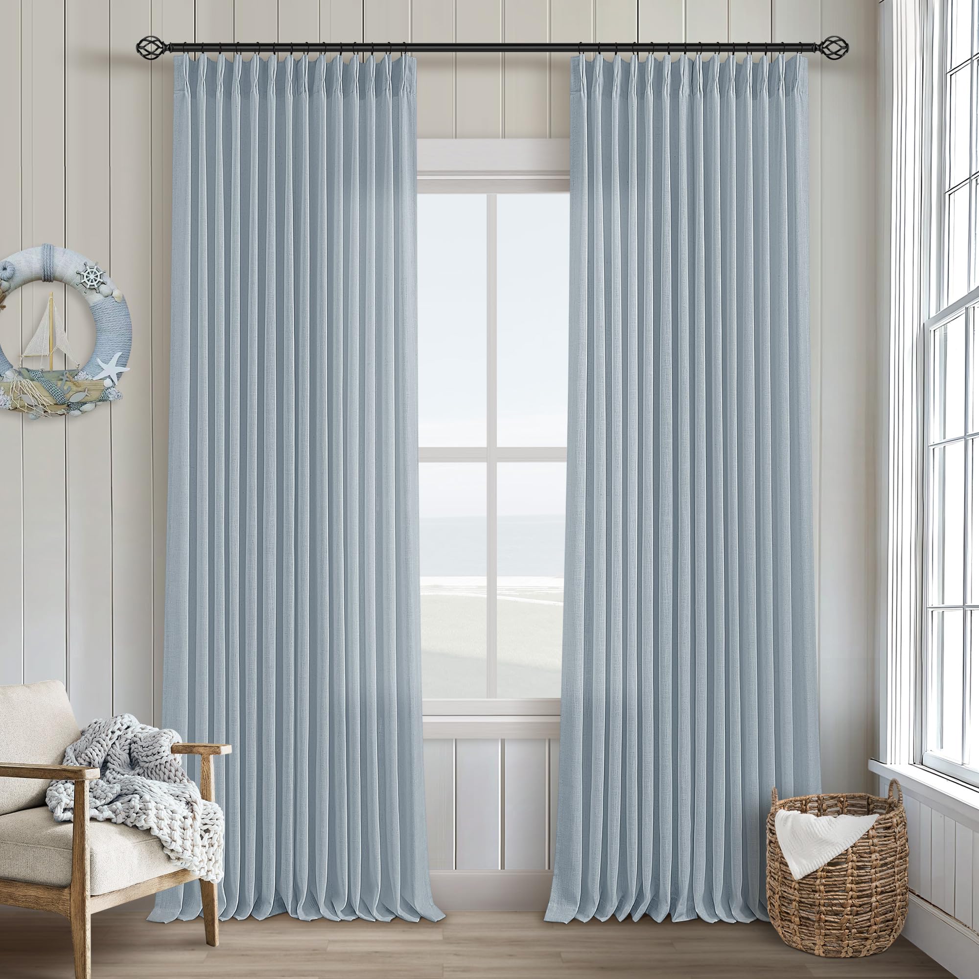 Natural Pinch Pleated Linen Curtains 84 Inch Length 2 Panels for Living Room Bedroom Textured Cream Ivory Birch Semi Sheer Boho Neutral Back Tab Pinch Pleat Hooks Rings Window Curtain 84 Inches Long